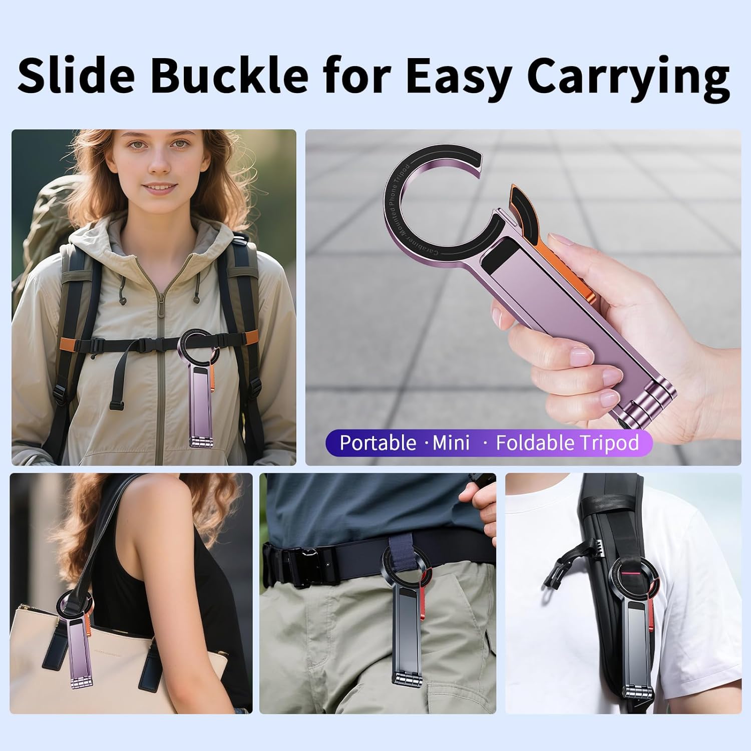for MagSafe Magnetic Phone Tripod Stand for iPhone & Android Phone, Portable Mini Pocket Tripod Holder, Foldable Aluminum Small Holder with Carabiner Clip for iPhone 16/15/14/13 Series, Dusty Purple