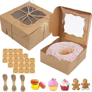 30 Pack 6 inch Cake Box with Window, Paper Kraft Bakery Boxes 6x6x3 inches, Single Pastry Boxes, Brownie Cookie Box for Small Pie, Strawberry, Cupcake, Pastry, Donuts, Party Favor Brown