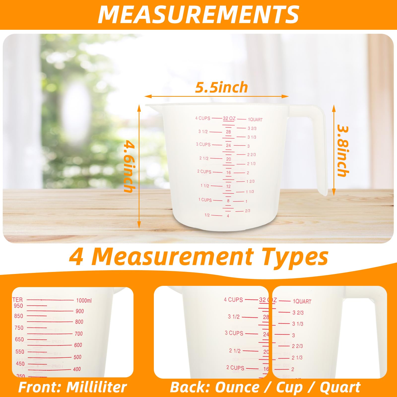 AKOLAFE 12PCS 4 Cup Measuring Cup Set Beaker Measuring Cups Plastic 32 Ounce Oil Measuring Container Large 1 Quart Measuring Jug Measure & Mixing Pitcher with Spout & Handle for Liquid Kitchen Baking