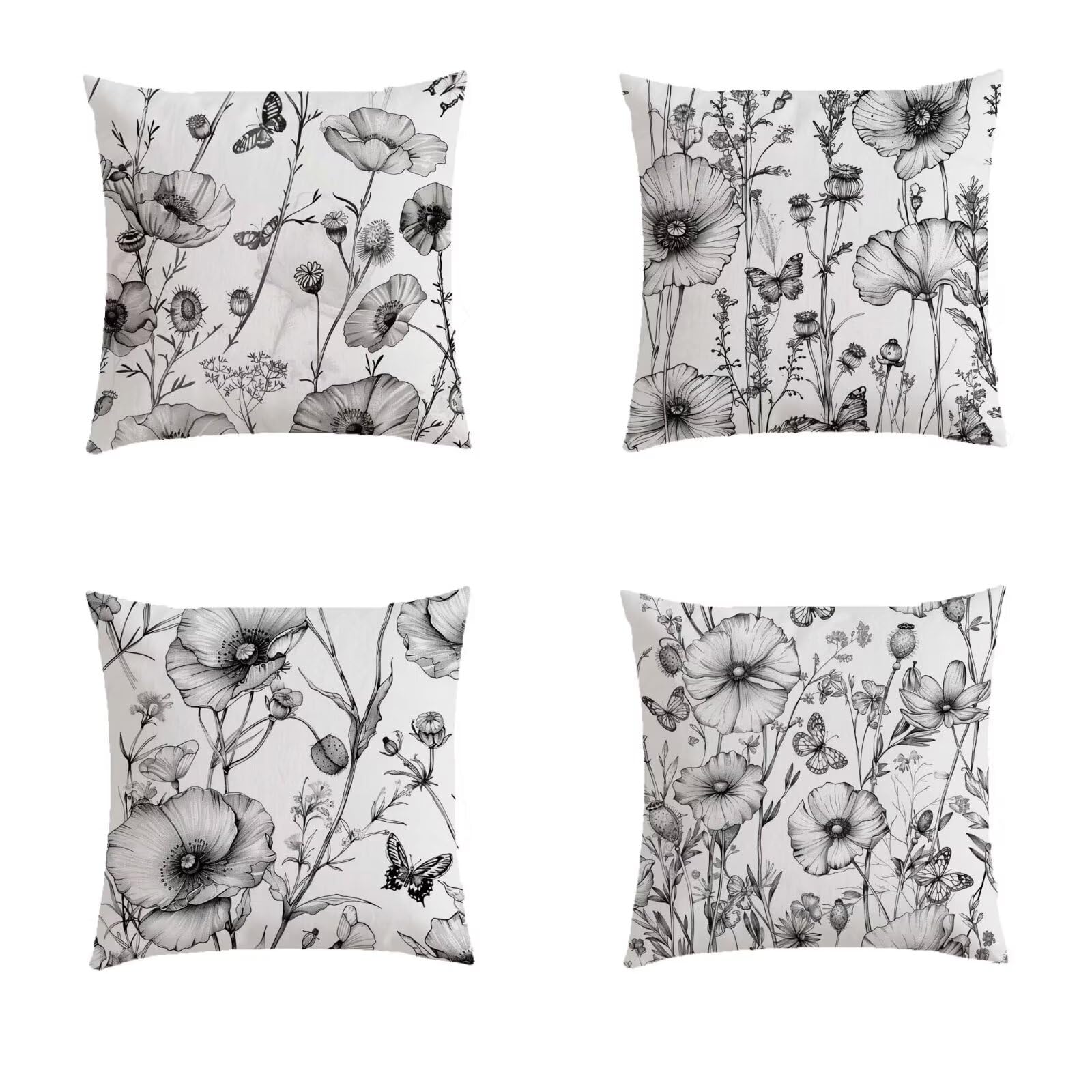 Housse de coussin 45x45 cm extérieur lot de 4 imprimé pavot