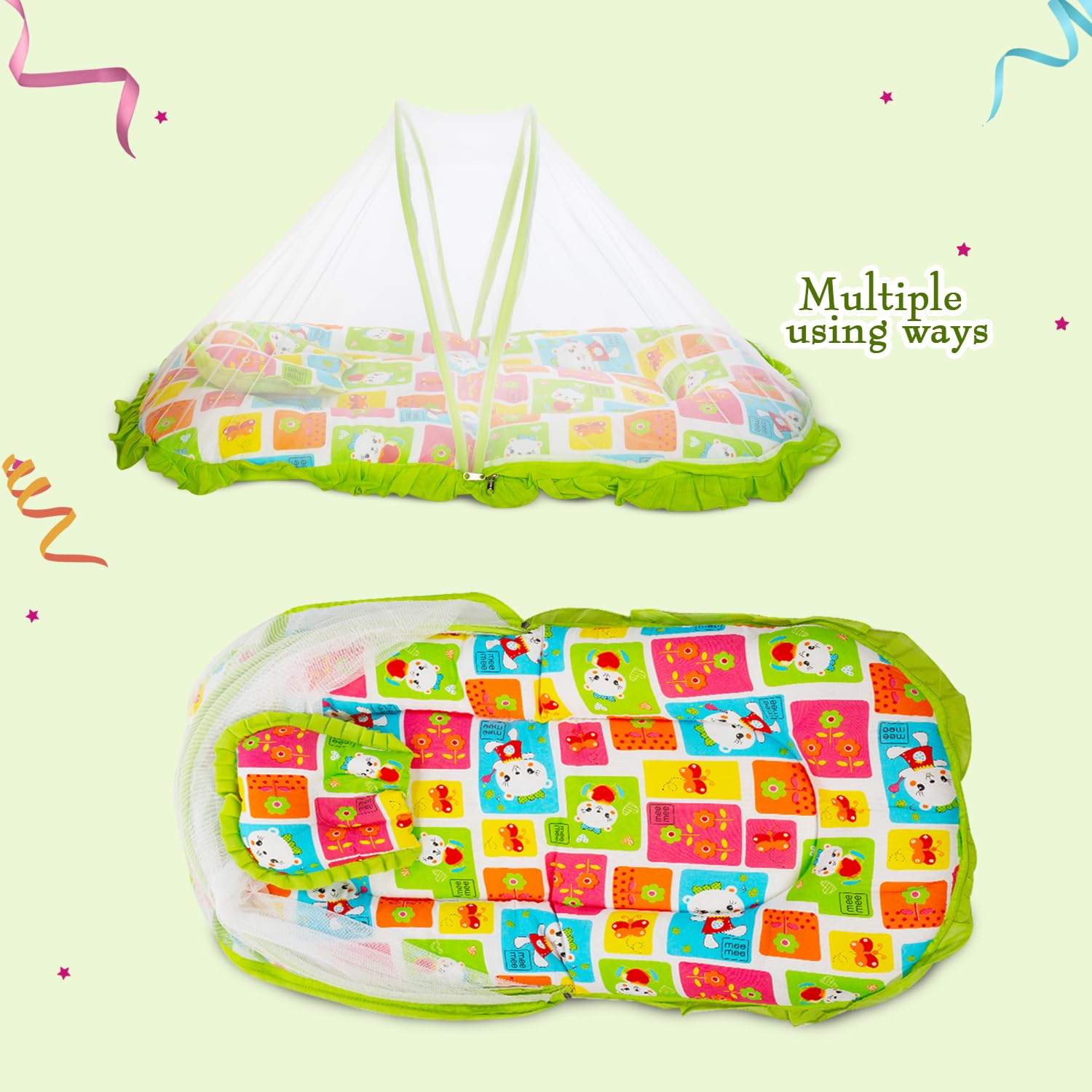 Mee Mee Cushioned Baby Mattress Set with Mosquito Net & Pillow (Green) 3