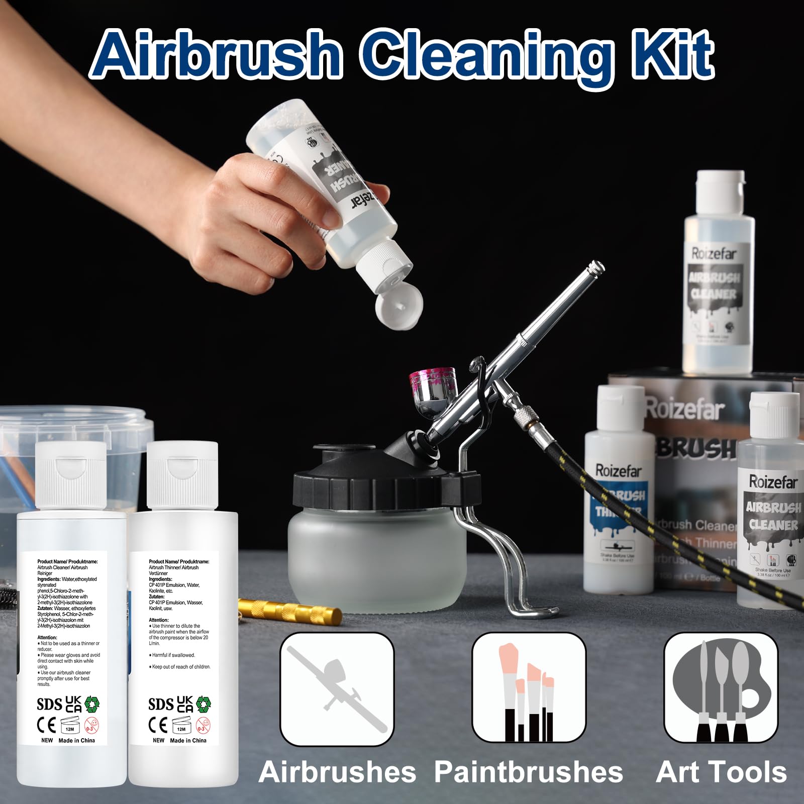 Roizefar Kit nettoyage aérographe, 6 nettoyants pour aérographe et 2 diluants (100 ml chacun) avec pot de nettoyage en verre, élimine efficacement la peinture acrylique à base d'eau, kit de