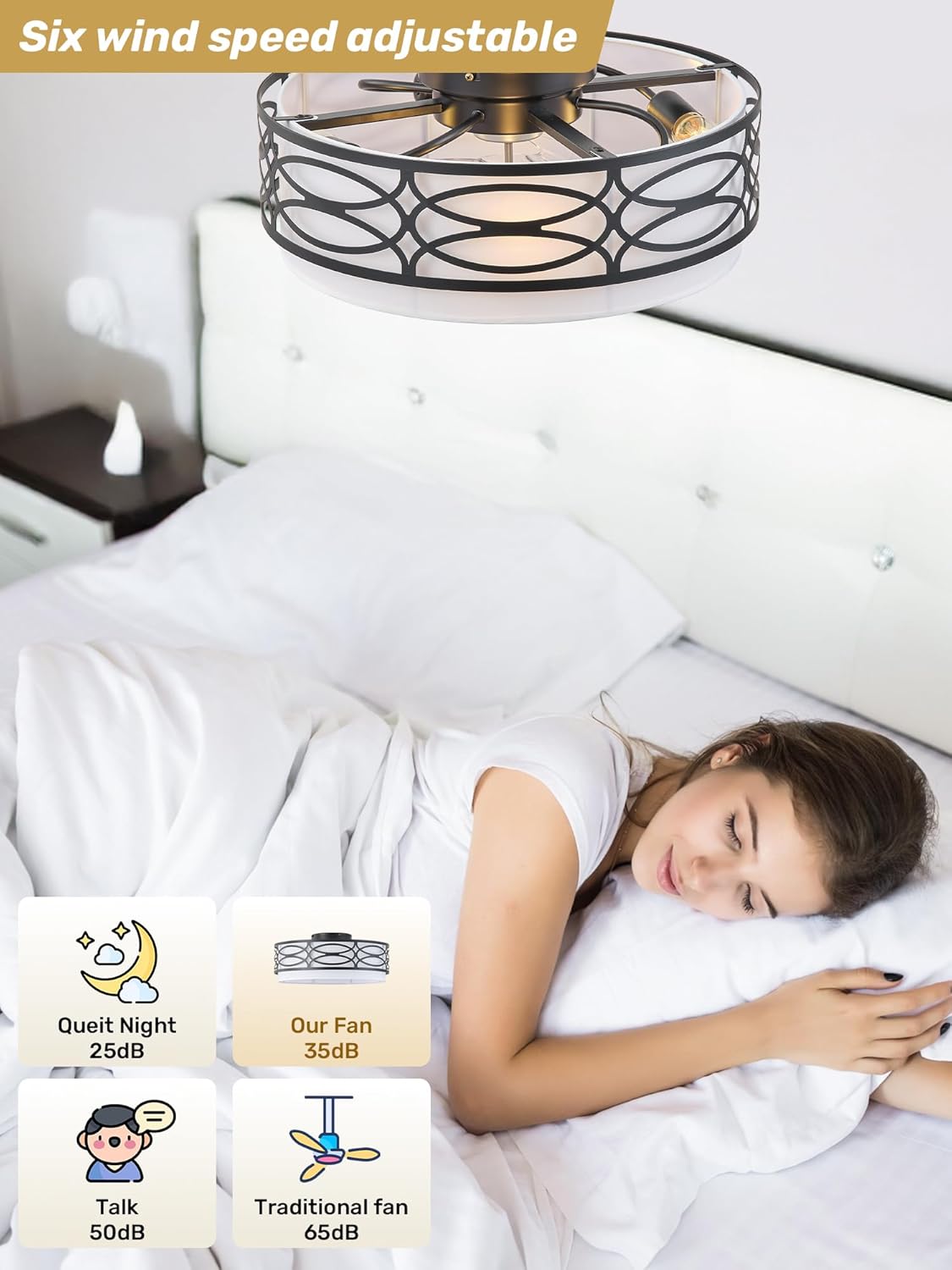 20" Black Flush Mount Ceiling Fan with Light, Caged Boho Ceiling Fan with Lights Remote Control with 6 Speeds for Bedroom, Living Room, Nursery