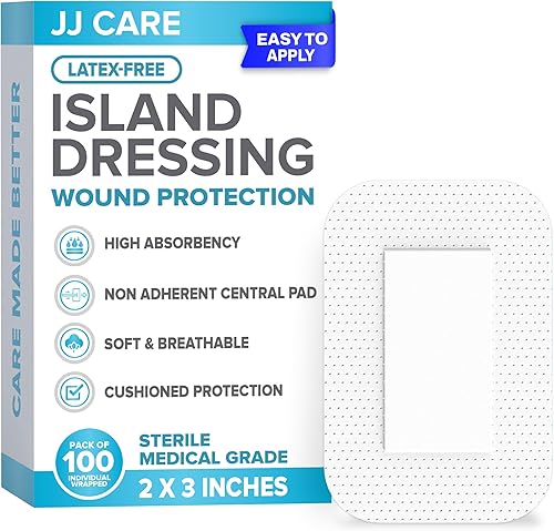 JJ CARE Aderezo adhesivo para isla (paquete de 100), gasa con borde estéril de 2 x 3, vendaje de isla transpirable, vendajes de gasa adhesivos