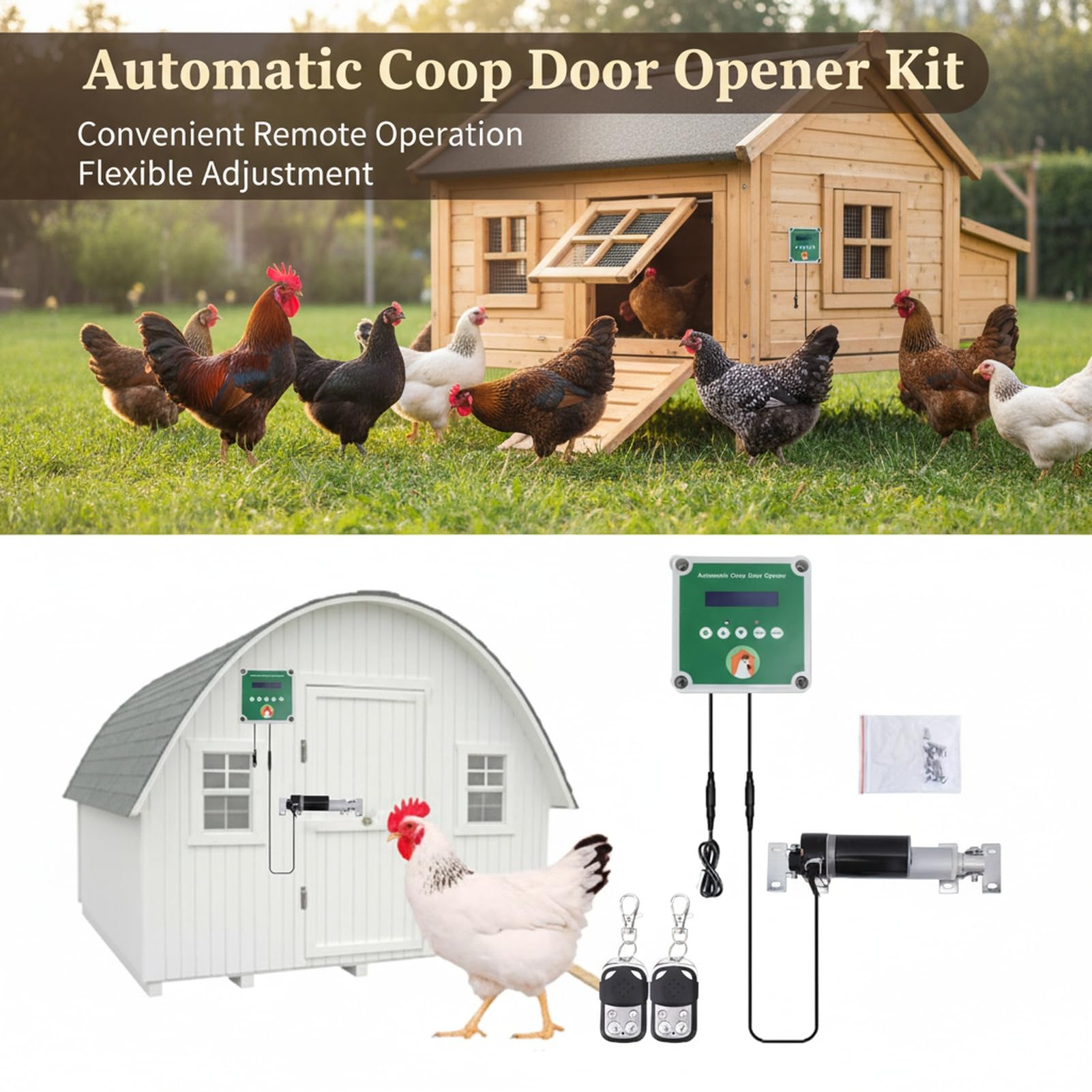 Kit di apertura automatica per pollaio, motore elettrico per porta del pollame con attuatori lineari, sensore di luce e funzionalità di controllo remoto