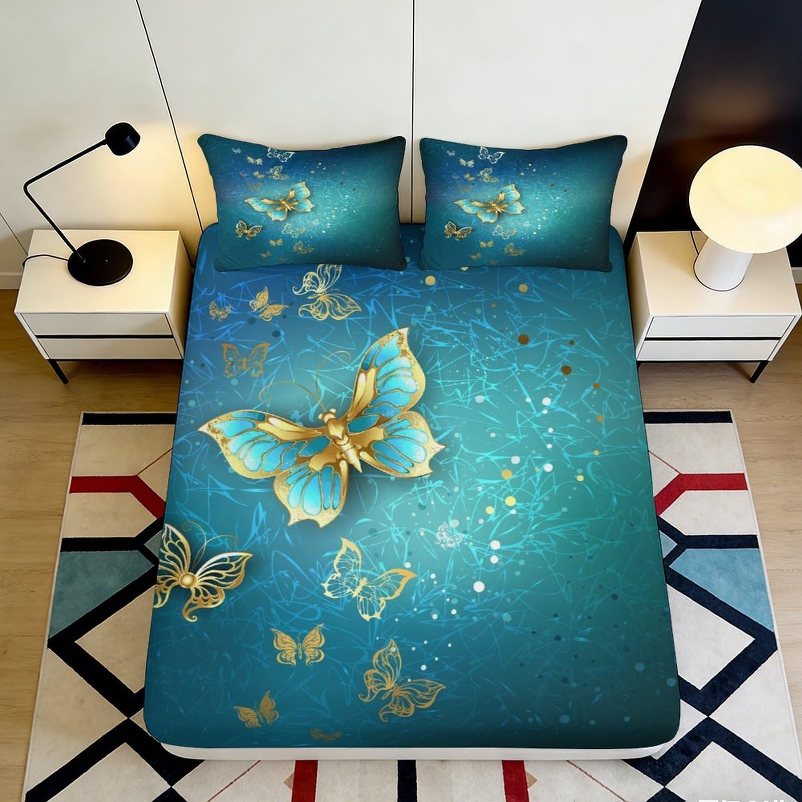 Pnayamiorkfel Style-8 3D Printed Golden Butterfly Fitted Sheet Microfiber Blue Artistic Bed Cover Anti-Slip Easy Care For Bedroom Guest Room 90X200x25cm