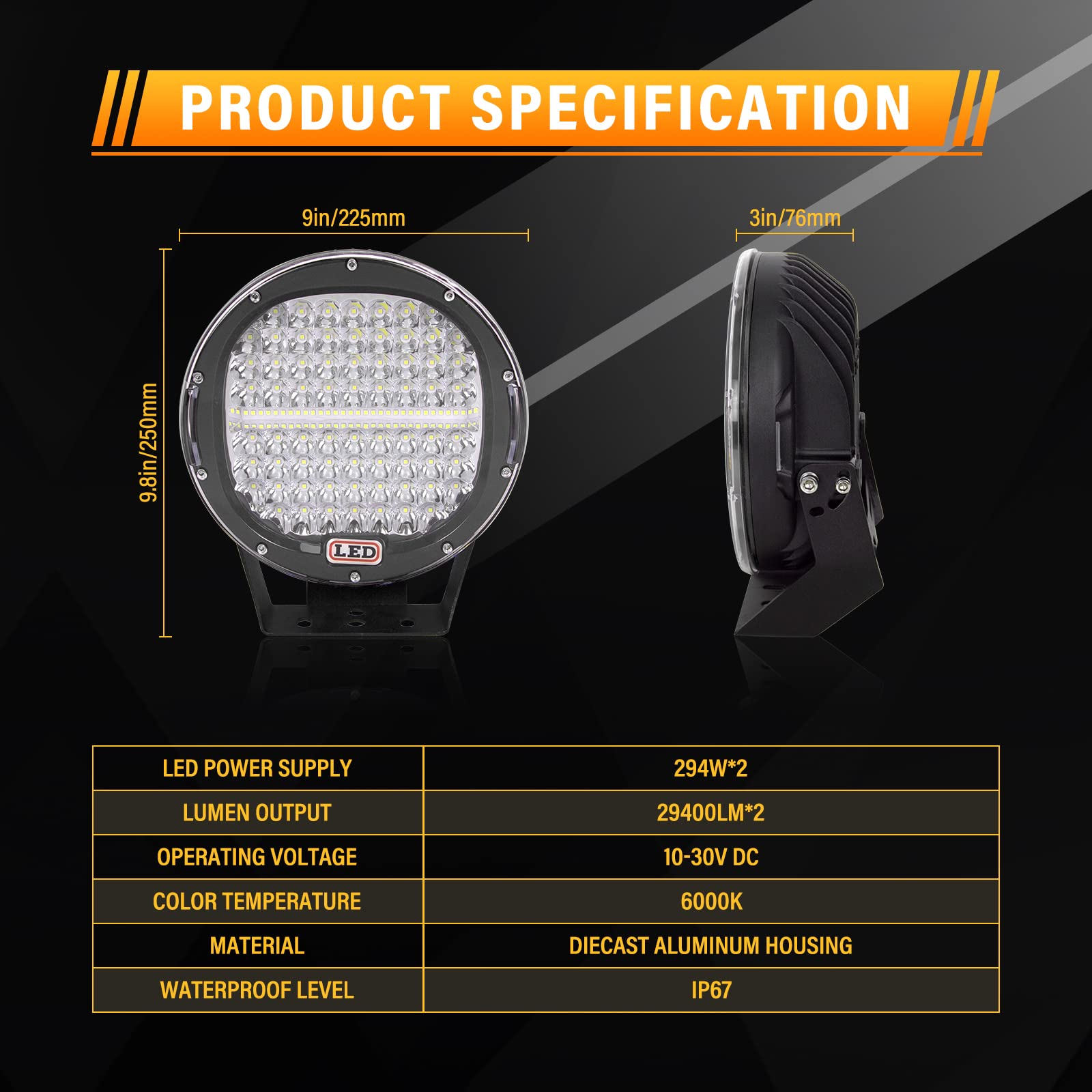 SKYWORLD 2 Pcs Faros Trabajo led Redondo, Negro 9 Pulgadas 23cm 294W Focos Led Tractor 12V, Spot lámpara Trabajo led para Off Road Camión Coche ATV UTE SUV 4x4, Faros antiniebla, 6000K Blanco