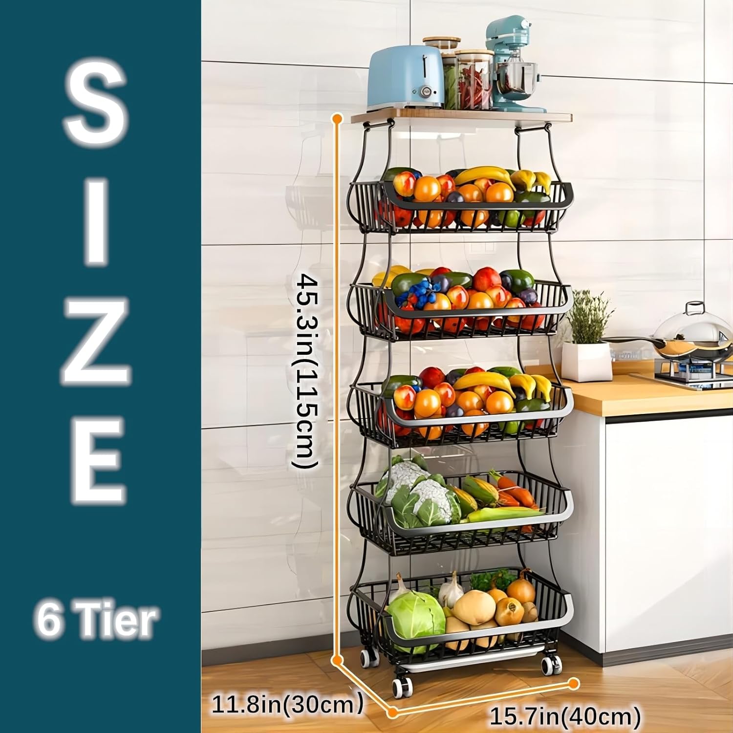 Metal Wire Baskets with Wheels, Stackable Storage Organizer for Kitchen, Bathroom, Office, Fruit & Vegetable Cart, Tableware Rack with Wooden Top