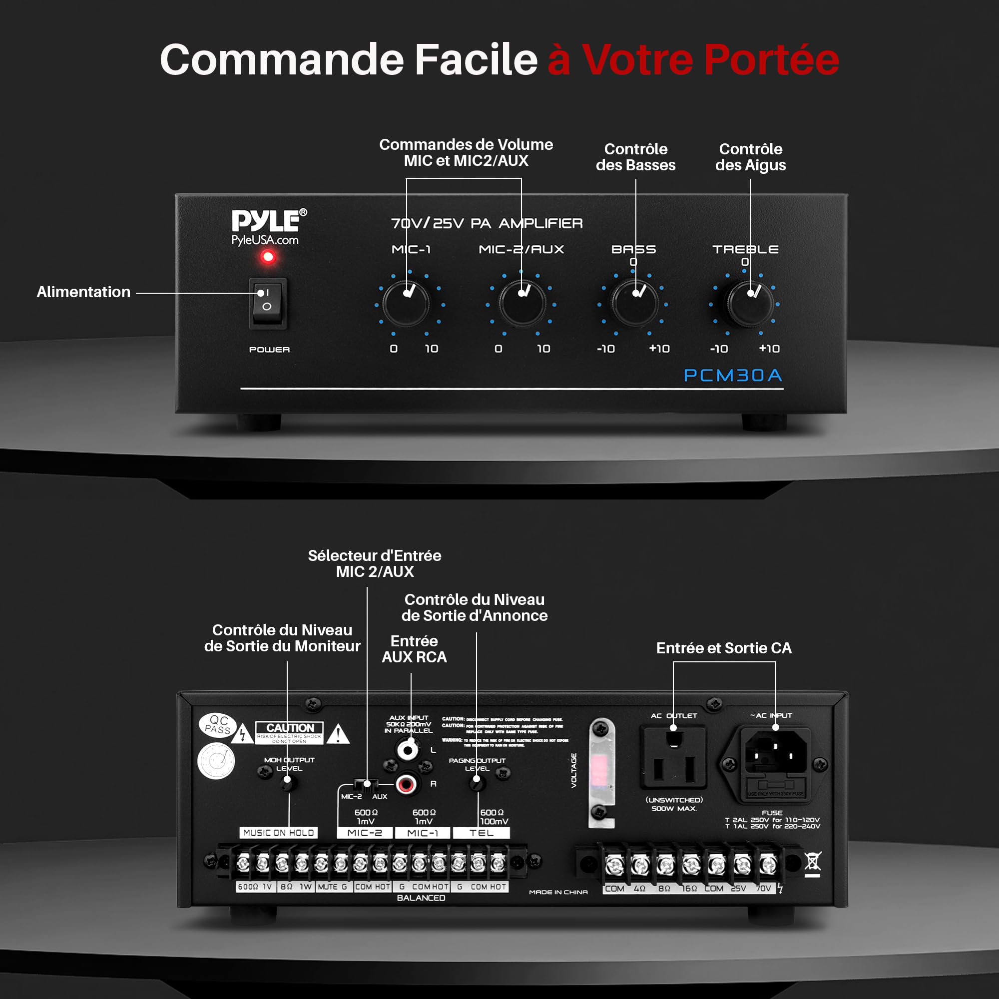 Pyle Amplificateur PA Bluetooth 60W – Mini Ampli de Sonorisation avec Sorties 4/8/16 Ohms, 25V/70V, 2 Entrées Micro, AUX RCA, Bass/Aigus, Paging, pour Musique d’Ambiance et Annonces