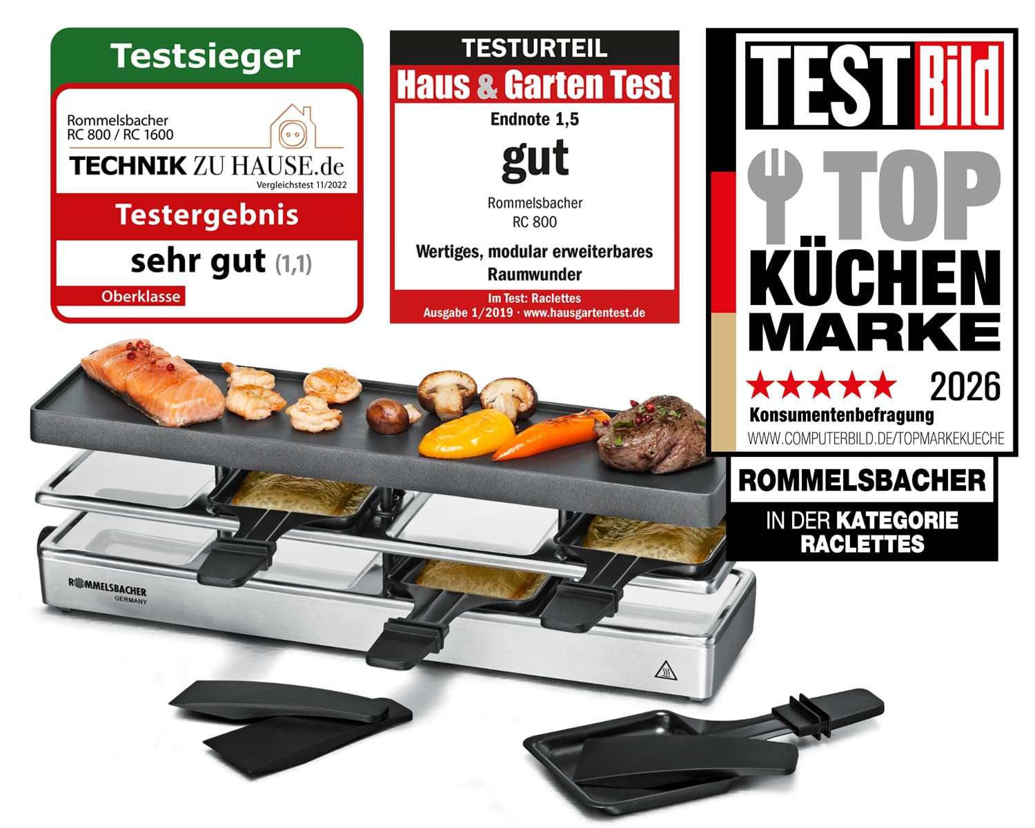ROMMELSBACHER RC 800 - Parrilla raclette fun for 4 (parrilla de mesa, para 4 personas, ampliable, cubierta de aparcamiento, plancha de aluminio fundido a presión con revestimiento antiadherente Xylan