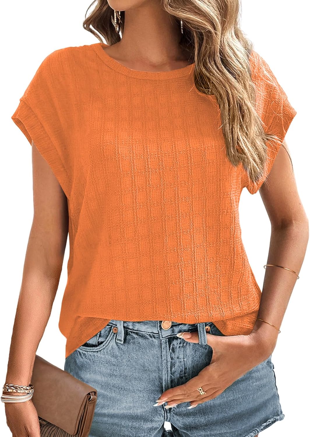 Dokotoo Tops for Women Trendy Summer Casual Cap Short Sleeve Basic Textured Solid Color Round Neck T Shirts Blouse