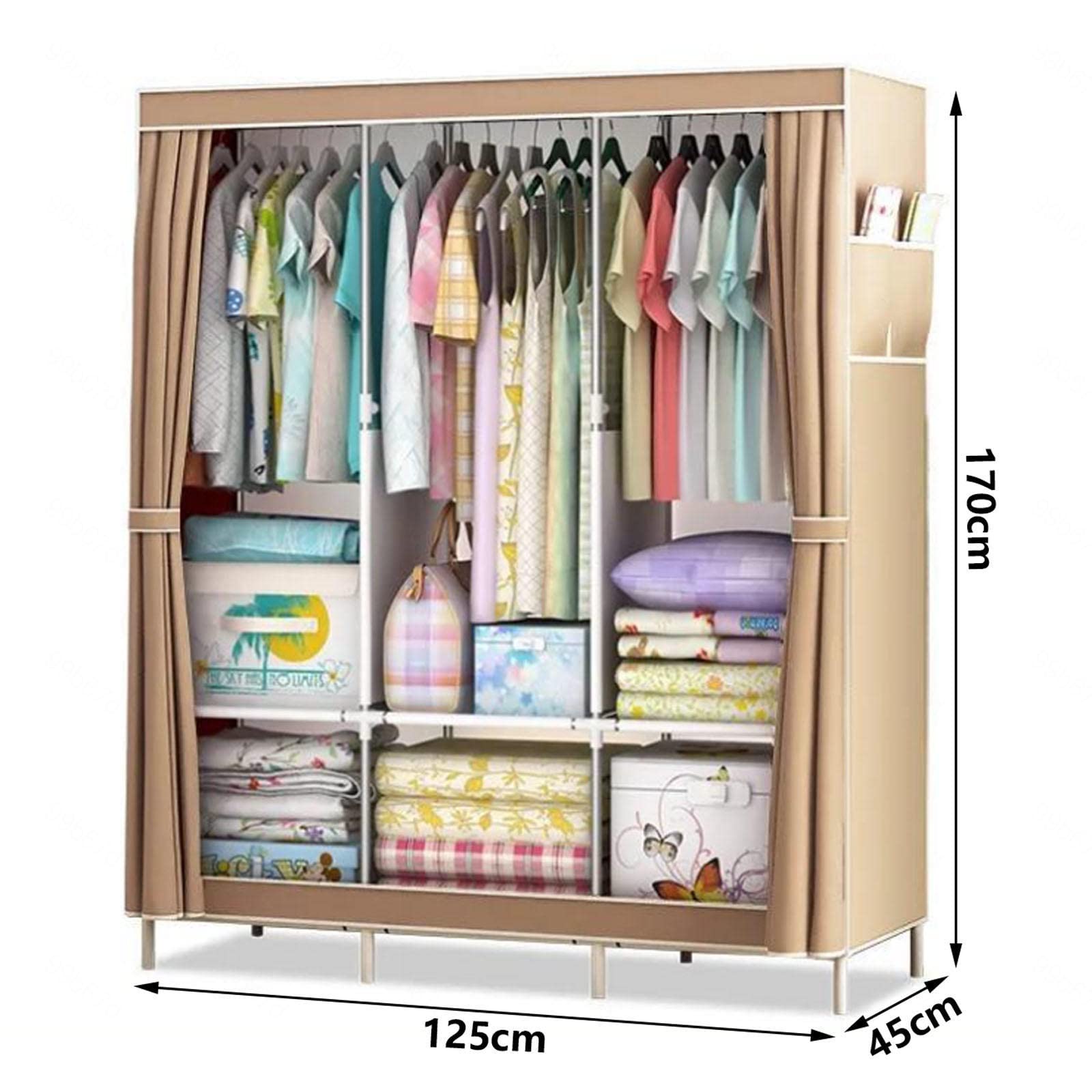 Tragbarer Kleiderschrank aus Segeltuch, Stoff-Kleiderschrank, Aufbewahrungsorganisator mit Kleiderstange, Regalen, Seitentaschen, faltbarer Schrank für Schlafzimmer, Blau-125 x 45