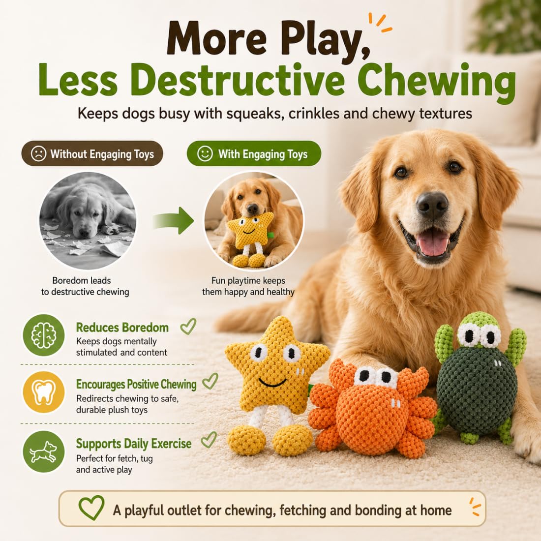 Juguete para Perros con Sonido, Peluche Crujiente para Cachorros y Perros Medianos/Grandes, Interactivo de Enriquecimiento, Algodón Resistente para Lanzar, Tirar y Jugar (Star+Crab)