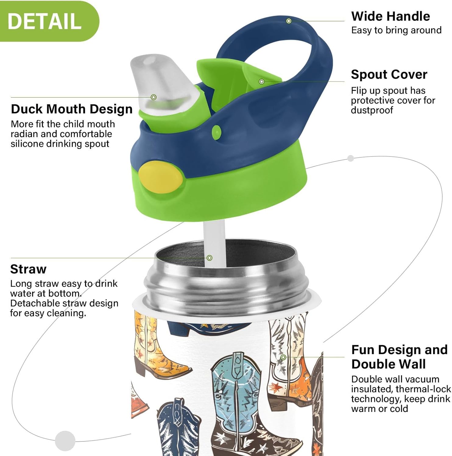 Cowboy Boots Kids Water Bottle with Straw Lid Insulated Tumbler with Handle Stainless Steel Reusable Toddlers Cup for Kids Boys 12 oz - Image 4