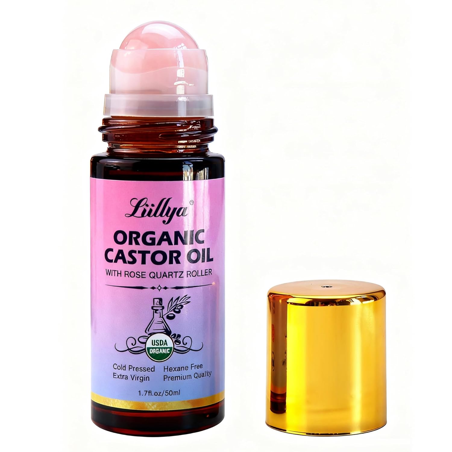 Organic Castor Oil Roll On with Rose Quartz Roller – 100% Pure Cold-Pressed, Hexane-Free, Natural Moisturizer for Skin, Hair, Brows & Lashes | Amber Glass Bottle, 50ml (1.7oz)