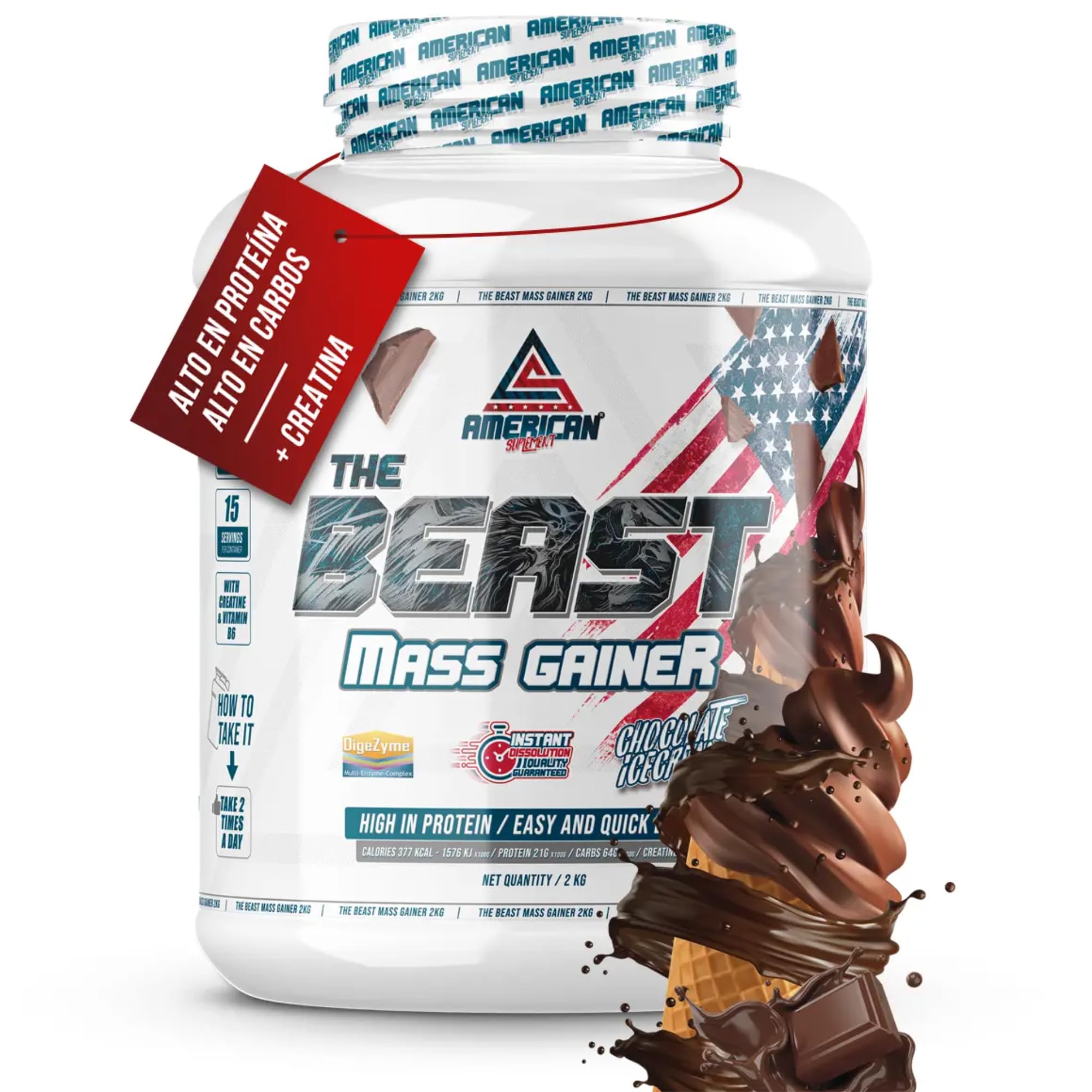 AS American Suplement | Mass Gainer | Alto en Carbohidratos y Proteínas | Ayuda a Subir de Peso | Aumenta la Masa Muscular | Contiene Creatina Monohidrato (2 kg (Paquete de 1), Chocolate)