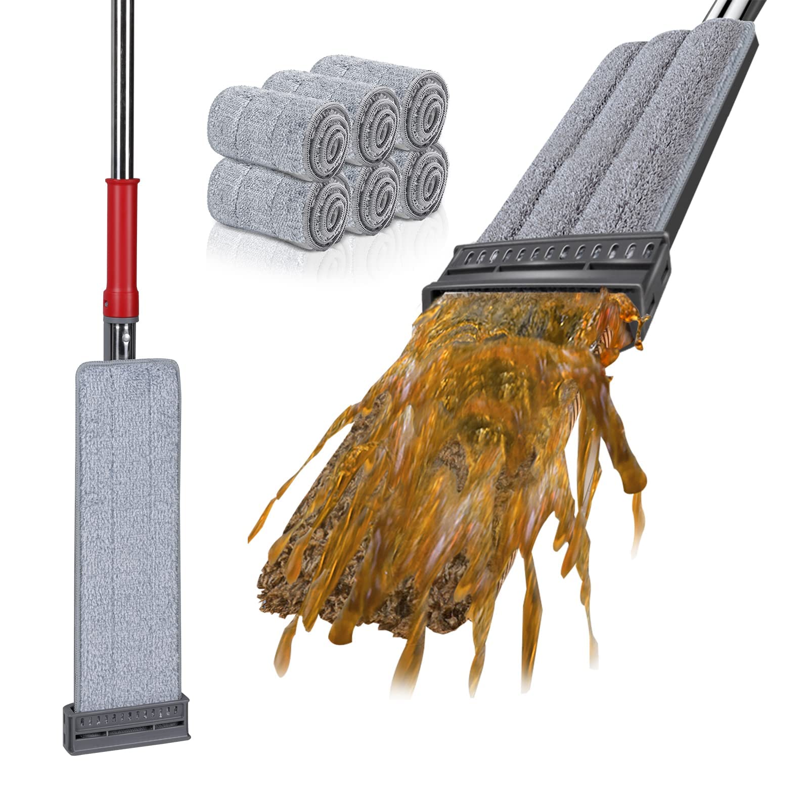 MASTERTOPMicrofibre Flat Mop, Self Wringing Mop with 6 Reusable Microfibre Pads, Hands Free Floor Mops for Cleaning Hardwood, Tile, Laminate, Marble - Grey + Red