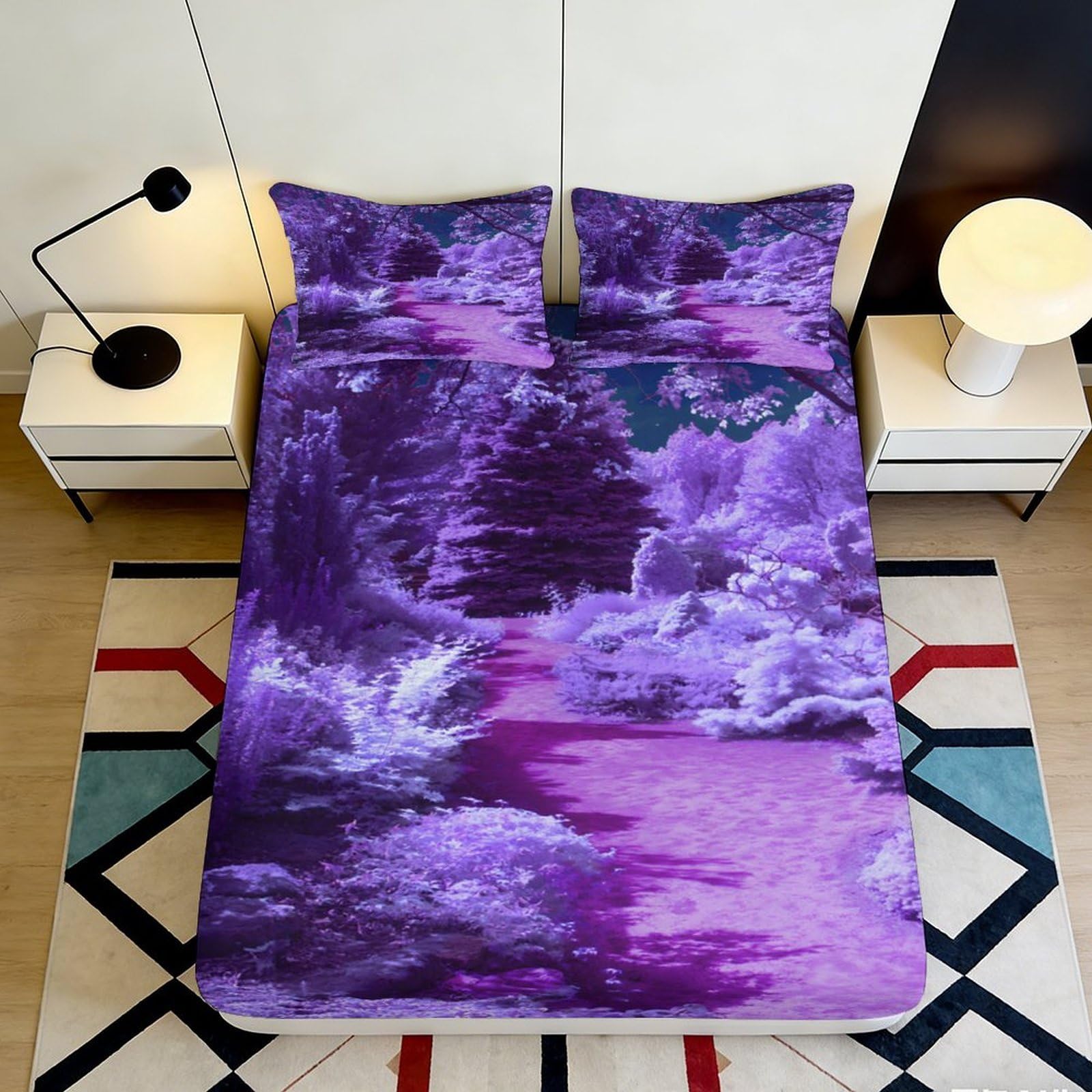 Uxinyoume Style-6 3D Printed Purple Forest Fitted Sheet Microfiber Anti-Slip Machine Washable River Bed Cover For Bedroom Decor 90X200x25cm