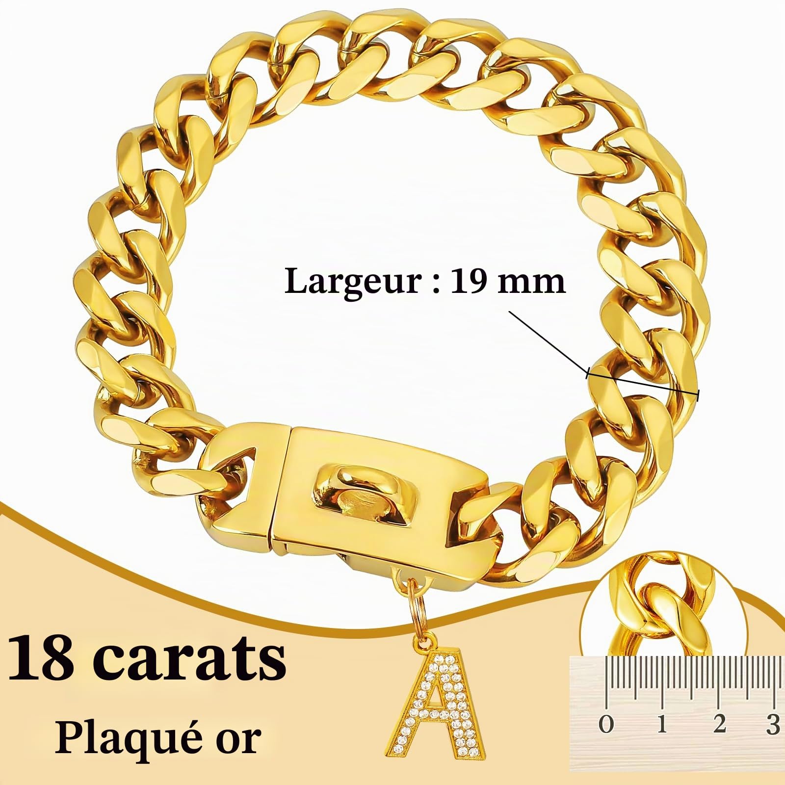 Collier doré pour chien avec pendentif, collier en métal et acier inoxydable de 19 mm de large, maille lourde cubaine, colliers robustes et résistants à la mastication pour chiens de taille moyenne et
