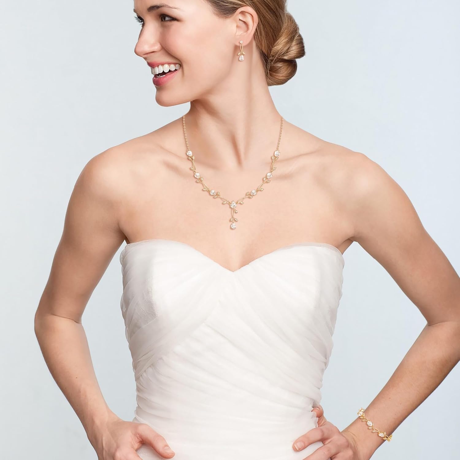 Crysdue Wedding Jewelry Set for Brides Bridesmaid, Cubic Zirconia Teardrop Marquise Leaf Cluster Pendant Necklace Bridal Tennis Bracelet Drop Earrings for Women Party Prom - Image 2