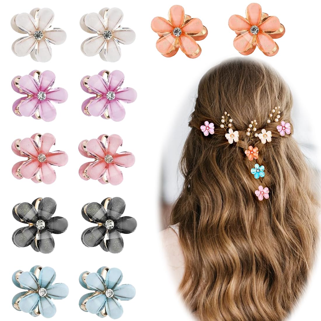 XYTAHDM 12 Pinzas de Pelo, Pinza de Pelo de Diamante, Pinza de Pelo para Mujer, Elegantes Pinzas de Pelo Pequeñas con Flor, Pinza de Pelo Antideslizante, Pinza de Pelo para Mujer