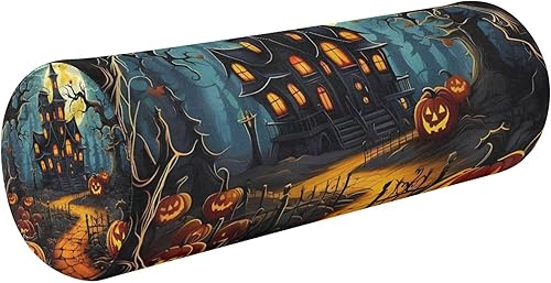 Happy Halloween - Almohada de almohada de castillo de calabaza de dibujos animados para piernas para dormir, cuello, almohada redonda decorativa