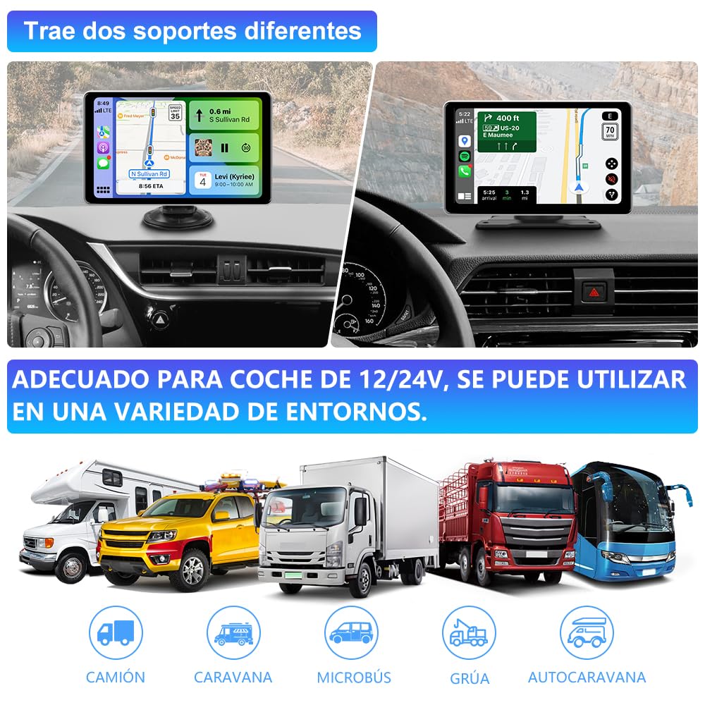 AWESAFE Pantalla 9” de CarPlay/Android Auto/Mirror Link Inalámbrico, Radio Portátil para Coche, Admite Bluetooth/Siri/USB/TF/AUX