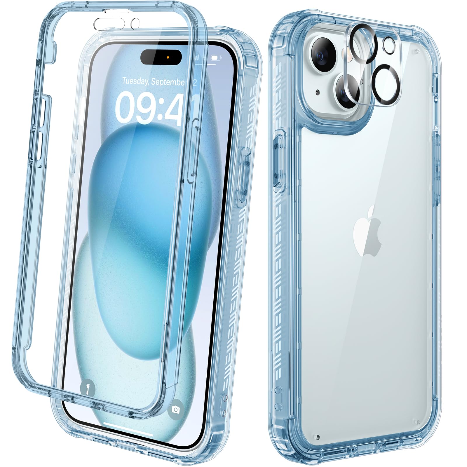Diaclara Designed for iPhone 15 Case, Full Body Rugged Case with Built-in Touch Sensitive Anti-Scratch Screen Protector, with Camera Lens Protector for iPhone 15 6.1" (Clear Blue)