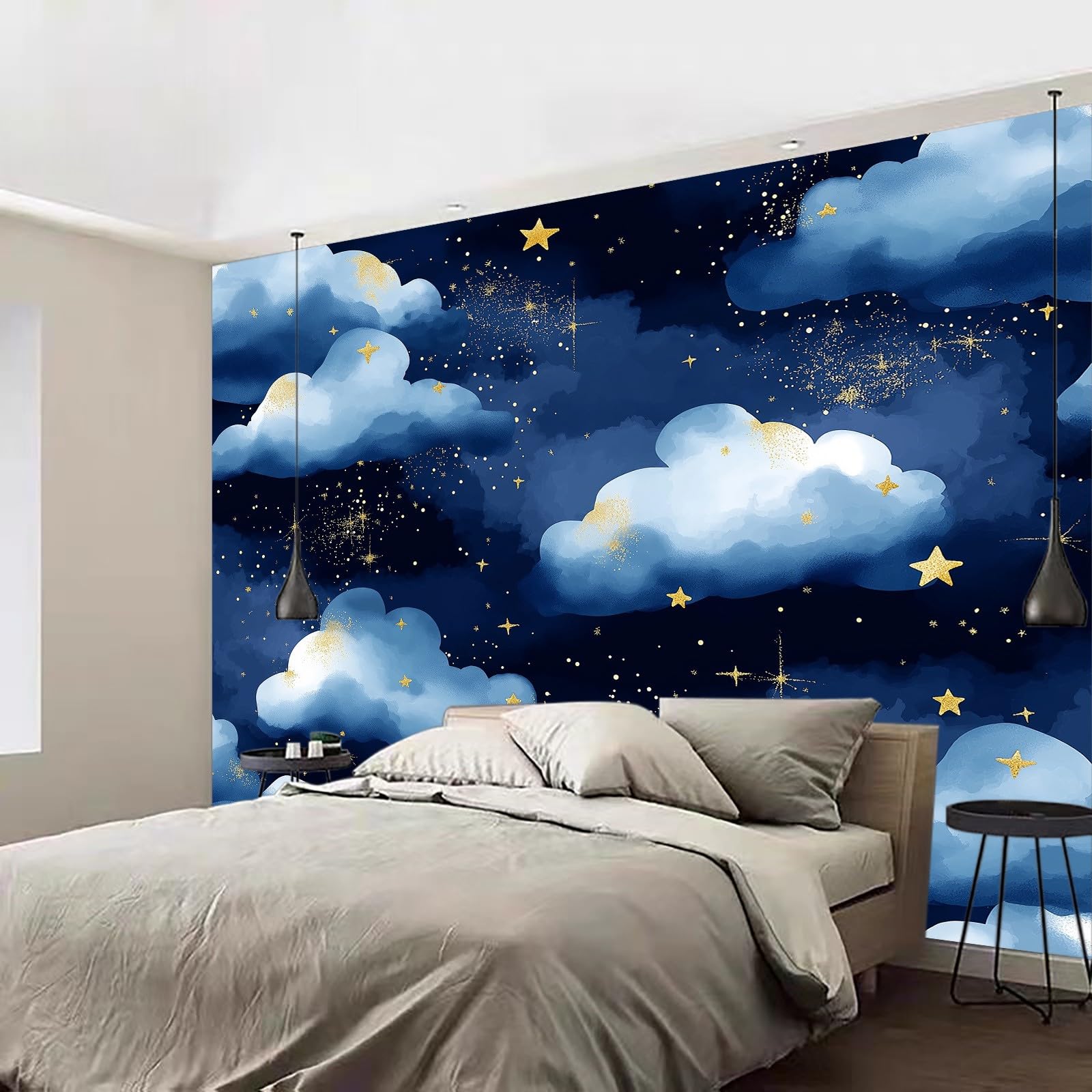 Fototapeta akwarelowa, chmury i gwiazdy, tapeta z włókniny, chmury akwarelowe, nowoczesna dekoracja ścienna, salon, sypialnia, biuro, korytarz, 400 x 280 cm (szer. x wys.)