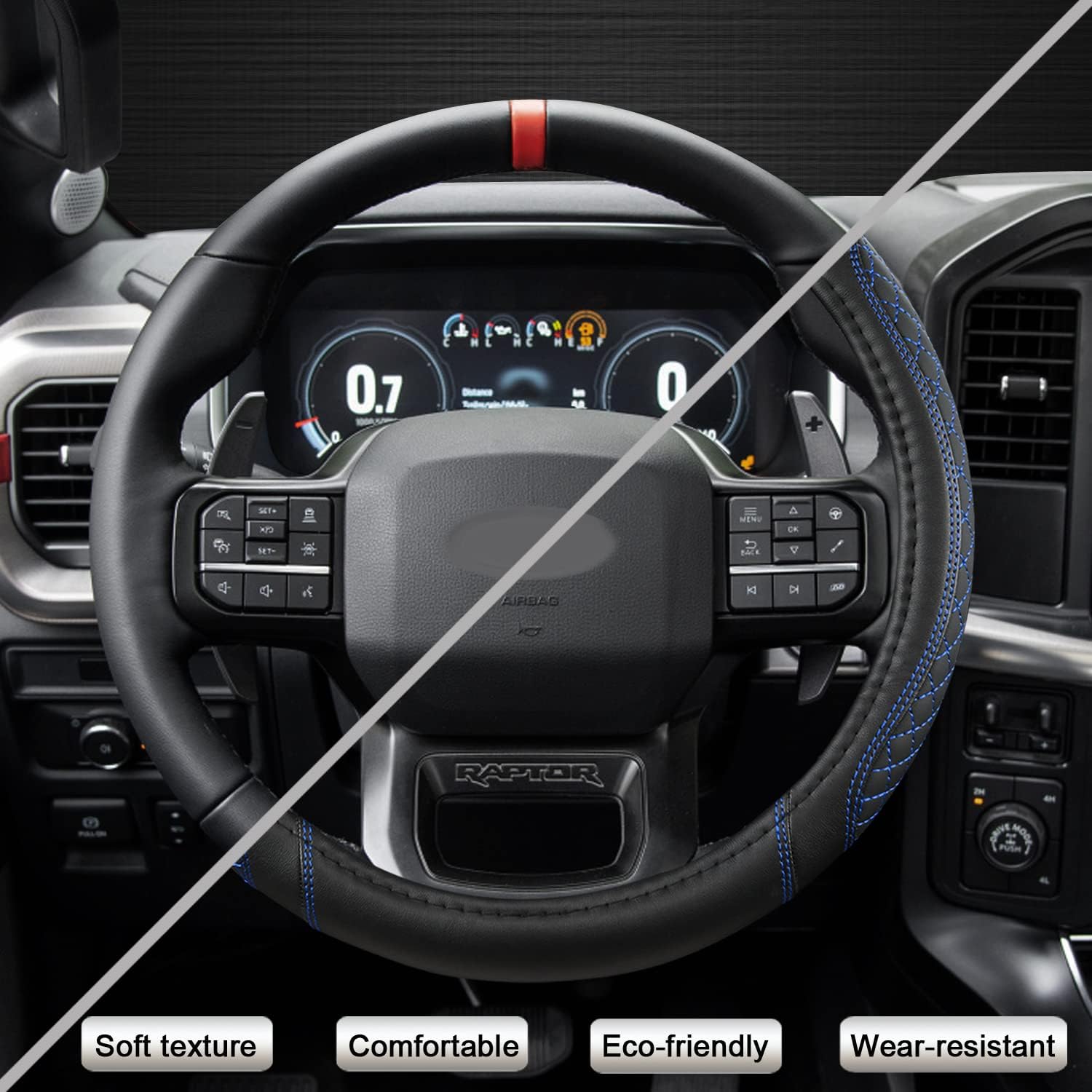 West Llama Customized Auto Car Steering Wheel Cover for Ford F-150, F-250, F-350, Expedition(Diamond Quilted - Black+Blue) - Image 5