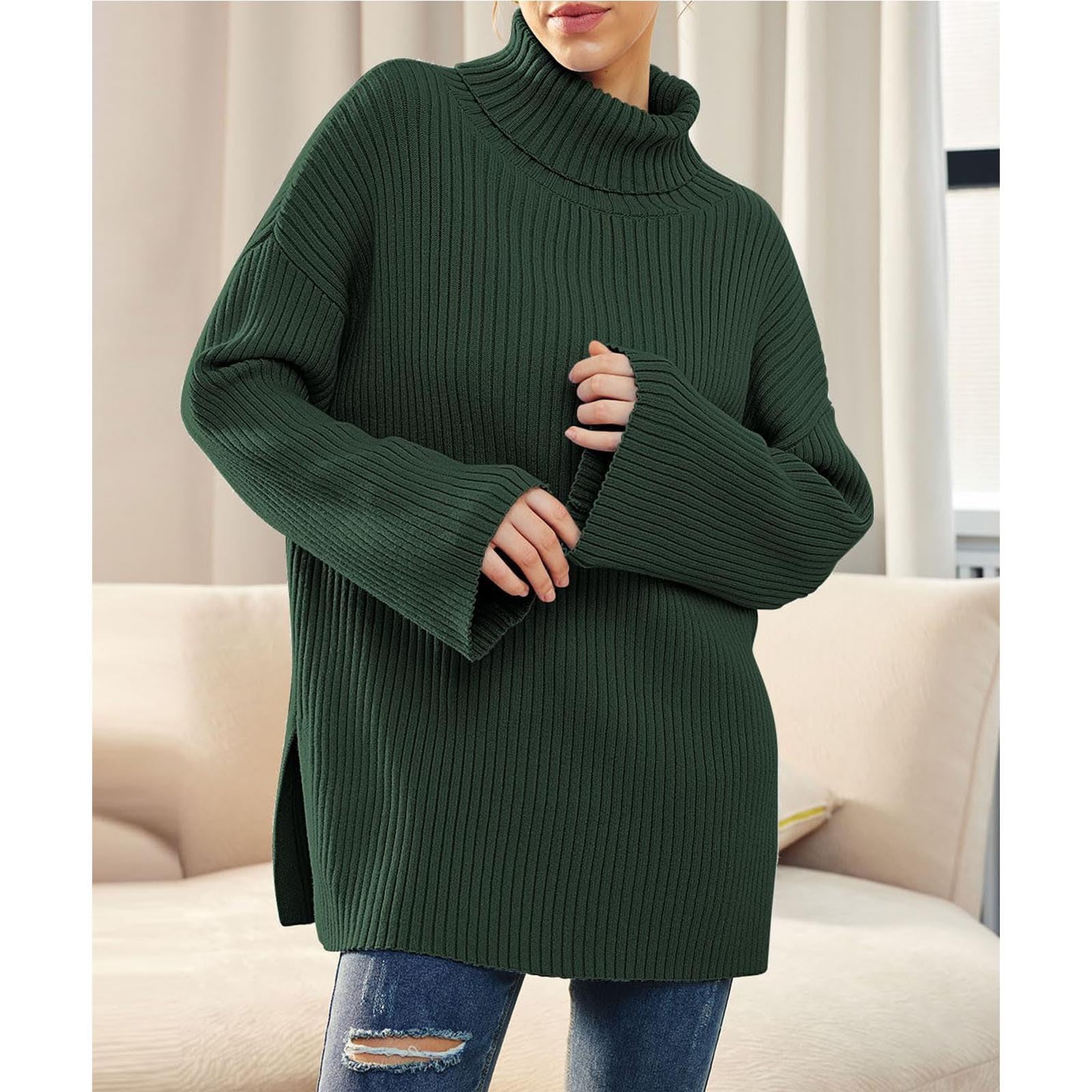 Greabuy Maglione a collo alto oversize alla moda da donna maglione a costine felpa per donna maglione casual camicie da donna maglioni da donna felpe leggere in maglia, bianco, M