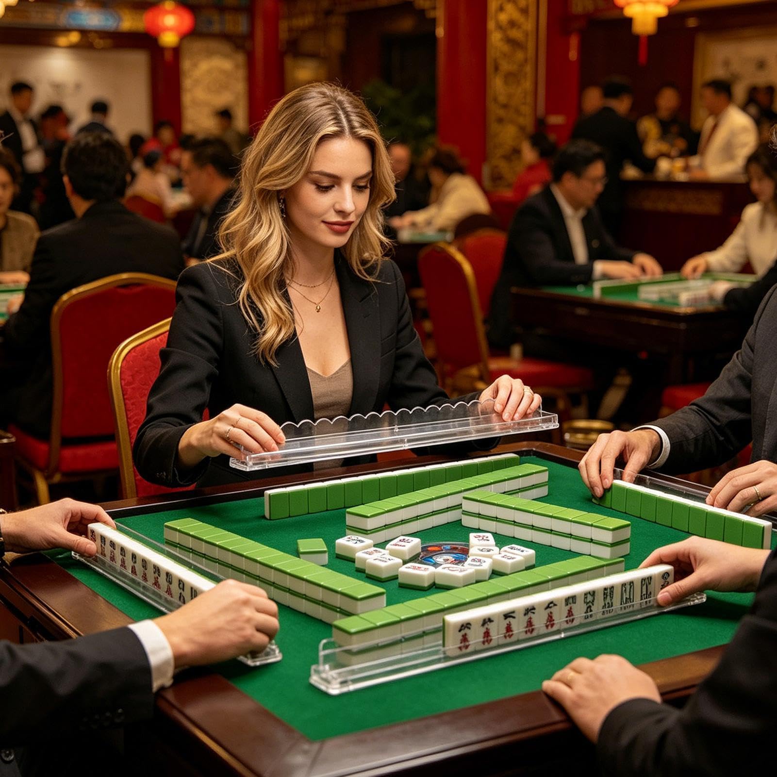 Supports Mahjong avec Poussoirs Magnétique Antidérapant Acrylique Festonné | Support Mahjong Avec Poussoir Pour Soirées De Jeux, Clubs, Réunions Familiales, Voyages Et Centres Pour Seniors