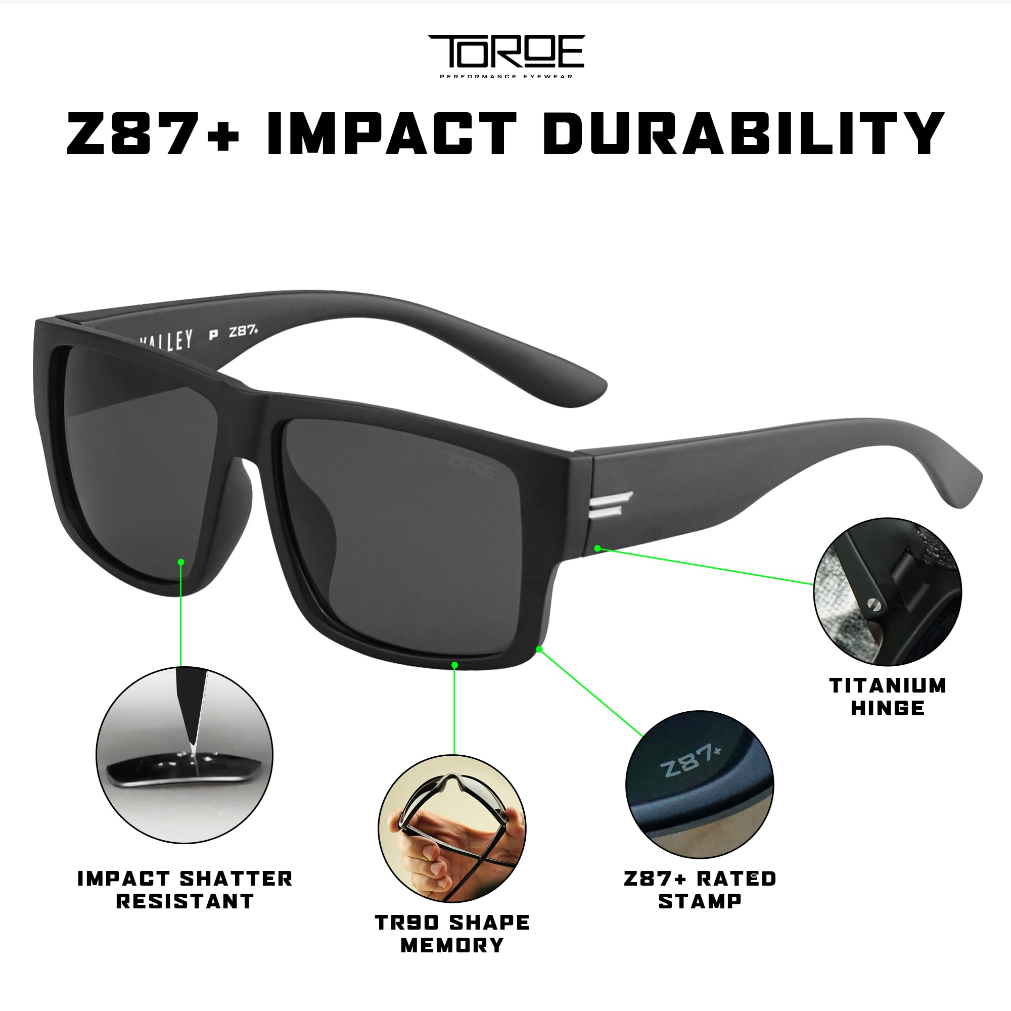 TOROE Z87+ - Gafas de sol polarizadas de seguridad, montura TR90, color negro mate, lentes con clasificación ANSI