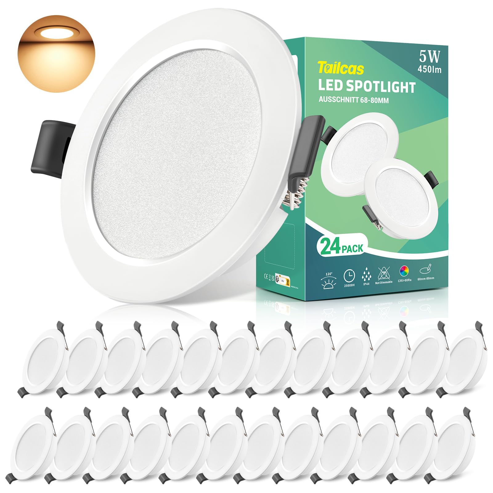 24 Faretti LED da Incasso, 5W Faretti LED da Incasso per Cartongesso | 450 Lumen IP44, AC 220 - 240V 25mm Luci Ultrasottili da Soffitto Bianco Caldo, Angolo a Fascio 120° Foro Incasso 68mm - 90mm