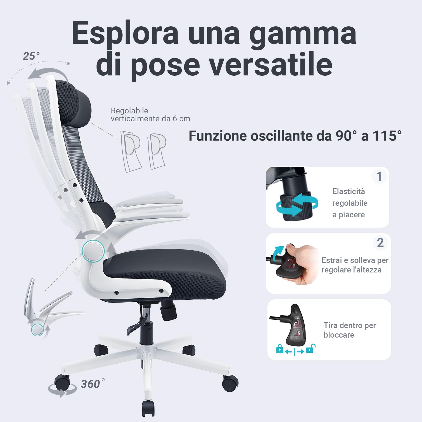 MELOKEA Sedia da Ufficio Ergonomica Direzionale in Rete Ultra Traspirante, Supporto Lombare Ortopedico a S EN1335, Poggiatesta Regolabile, Braccioli Ribaltabili, Sedia da Gioco, Grigio Bianco