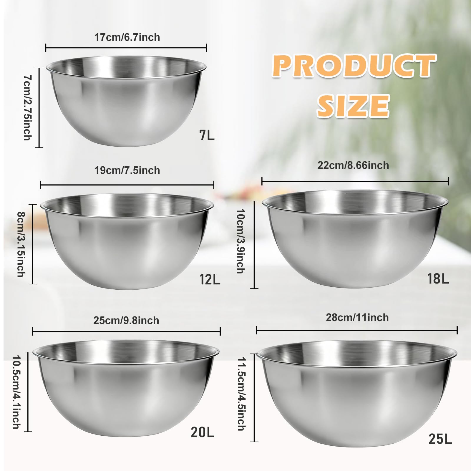 Set di ciotole per mescolare in acciaio inox, 5 pezzi, insalatiere in 5 misure (0,7-4 L), ciotole impilabili in acciaio inox, lavabili in lavastoviglie, per mescolare e servire