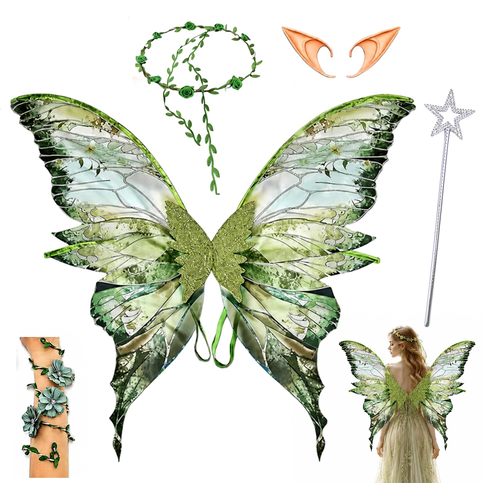 OBOVO Fairy Wings, Fairy Costume Adults Set with Elf Ears, Flower Arm Wrap, Flower Headband, Star Wand, Delicate Angel Fancy Dress Up Accessories for Themed Events Halloween Cosplay
