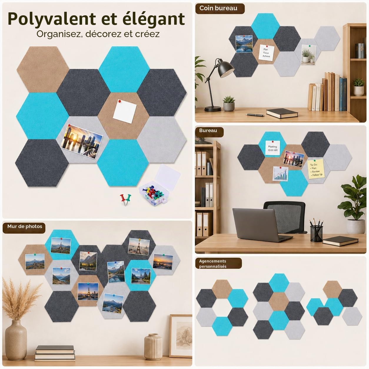 10PCS Panneau Liège Mural Hexagonal, Tableau en Liège avec 20 Épingles, DIY Plaque de Liège Colorée pour Maison Bureau (20x17cm)