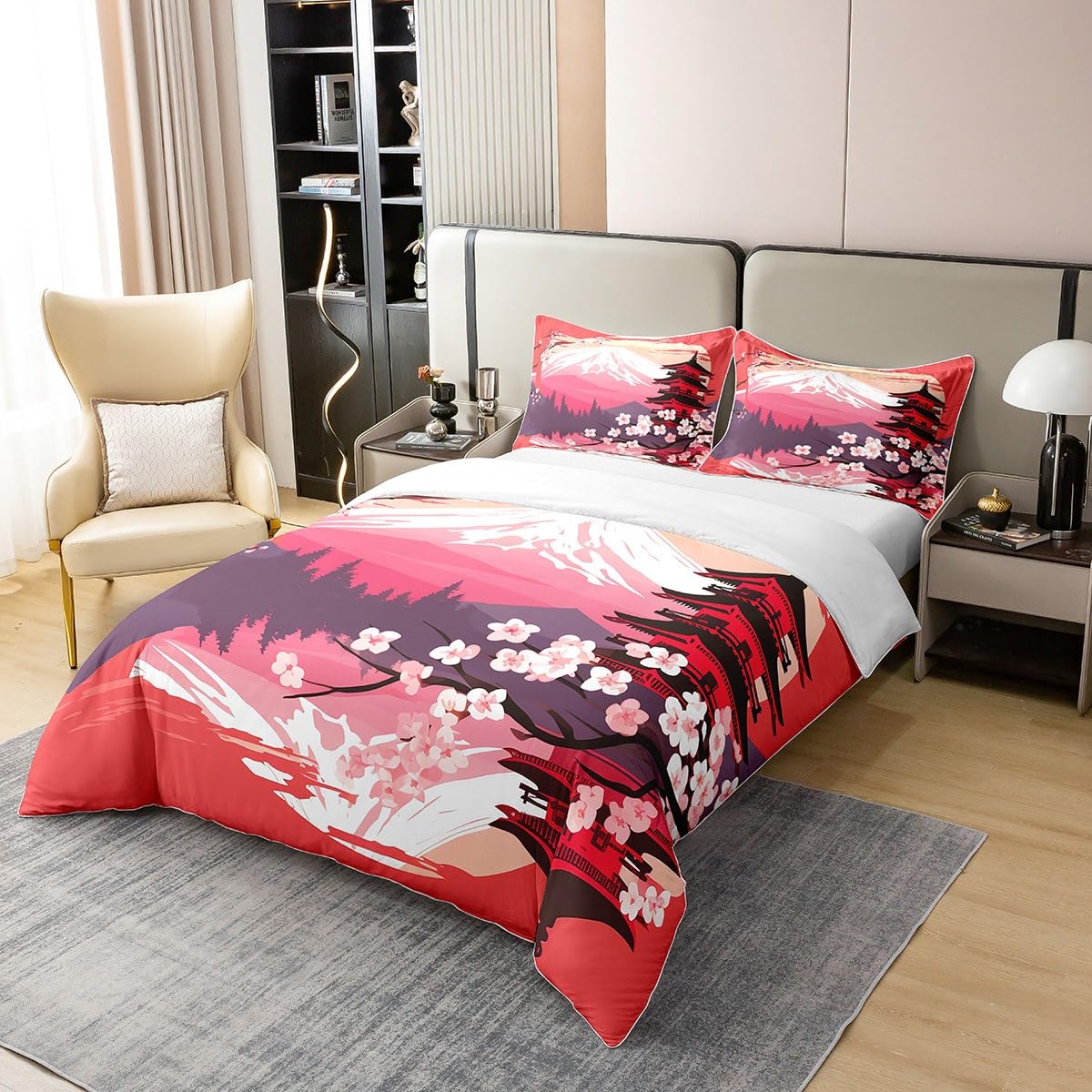 Homewish Housse de Couette 200x200 cm Coton Biologique Motif Sakura