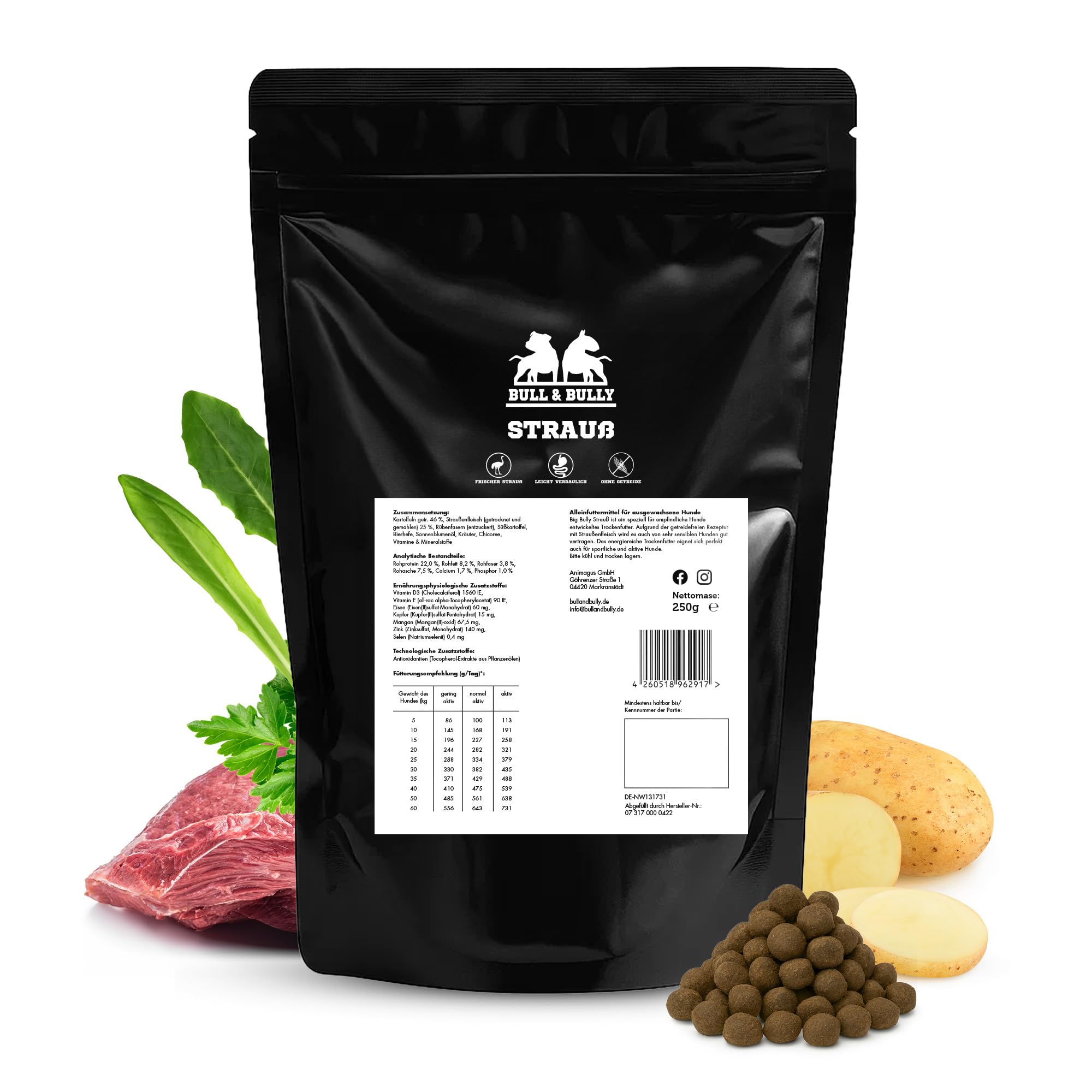 Hundefutter Big Bully Strauß Hundefutter Trocken – Energiereiches Trockenfutter für Hunde tierärztlich entwickelt – Hundetrockenfutter Premium Dog Food – Monoprotein Hundeleckerli 250g BULL & BULLY