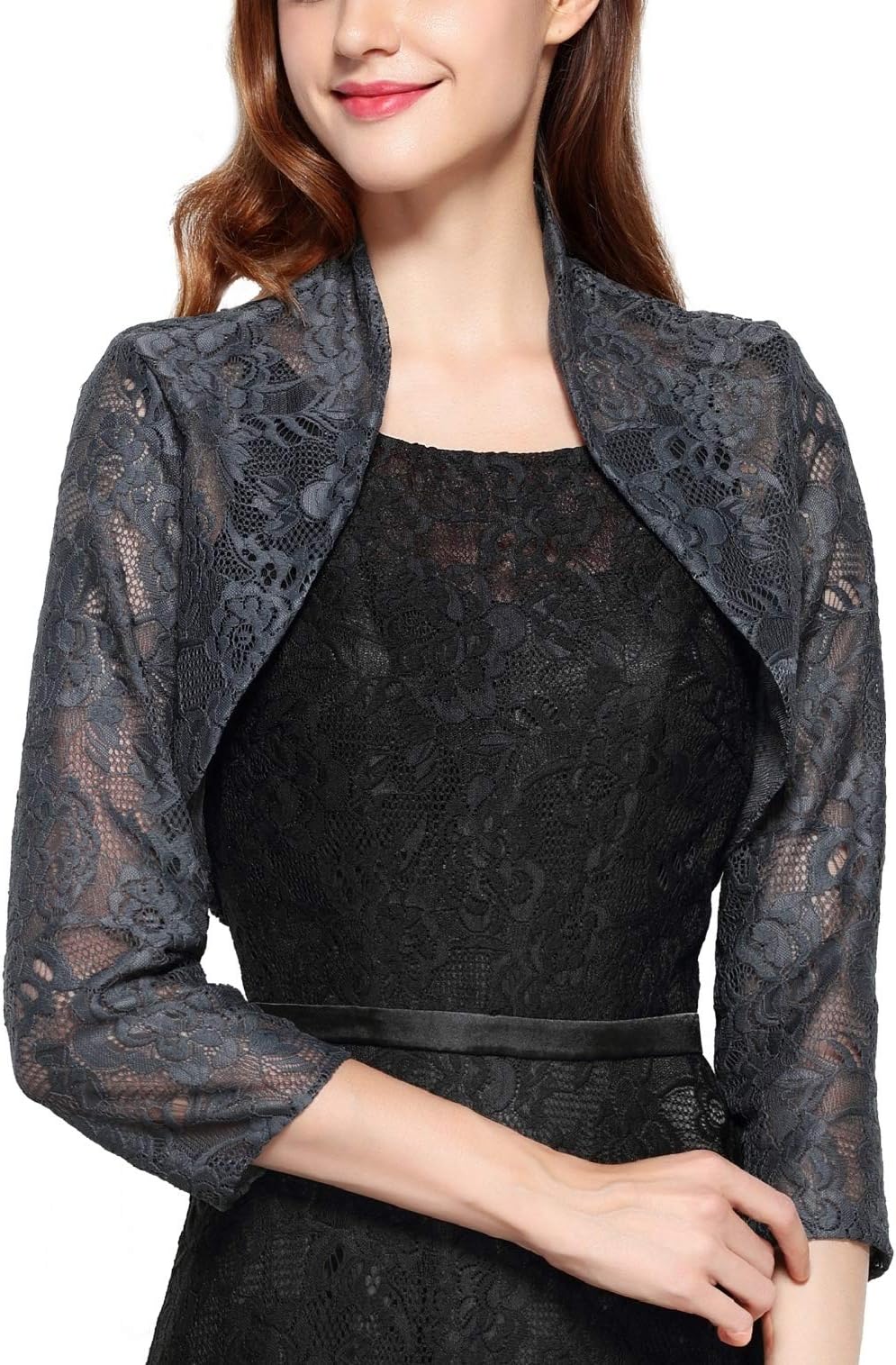 Chic Queen Women's Long Sleeve Floral Lace Shrug Bolero Cardigan(XXL/Silver)