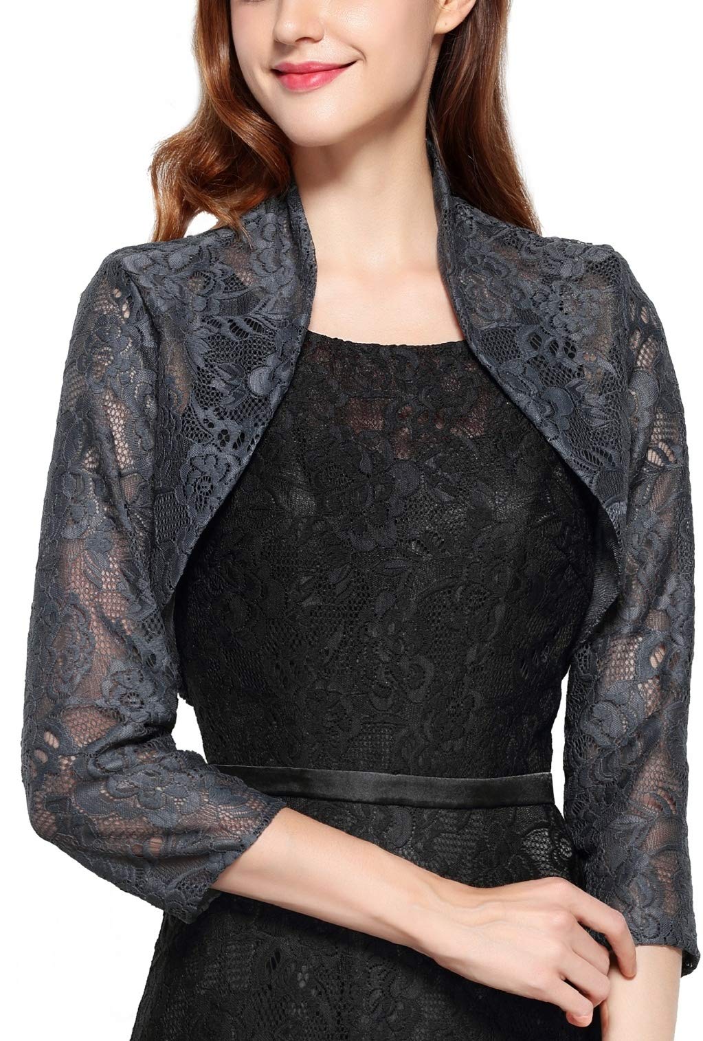 Chic Queen Women's Long Sleeve Floral Lace Shrug Bolero Cardigan(XXL/Silver)