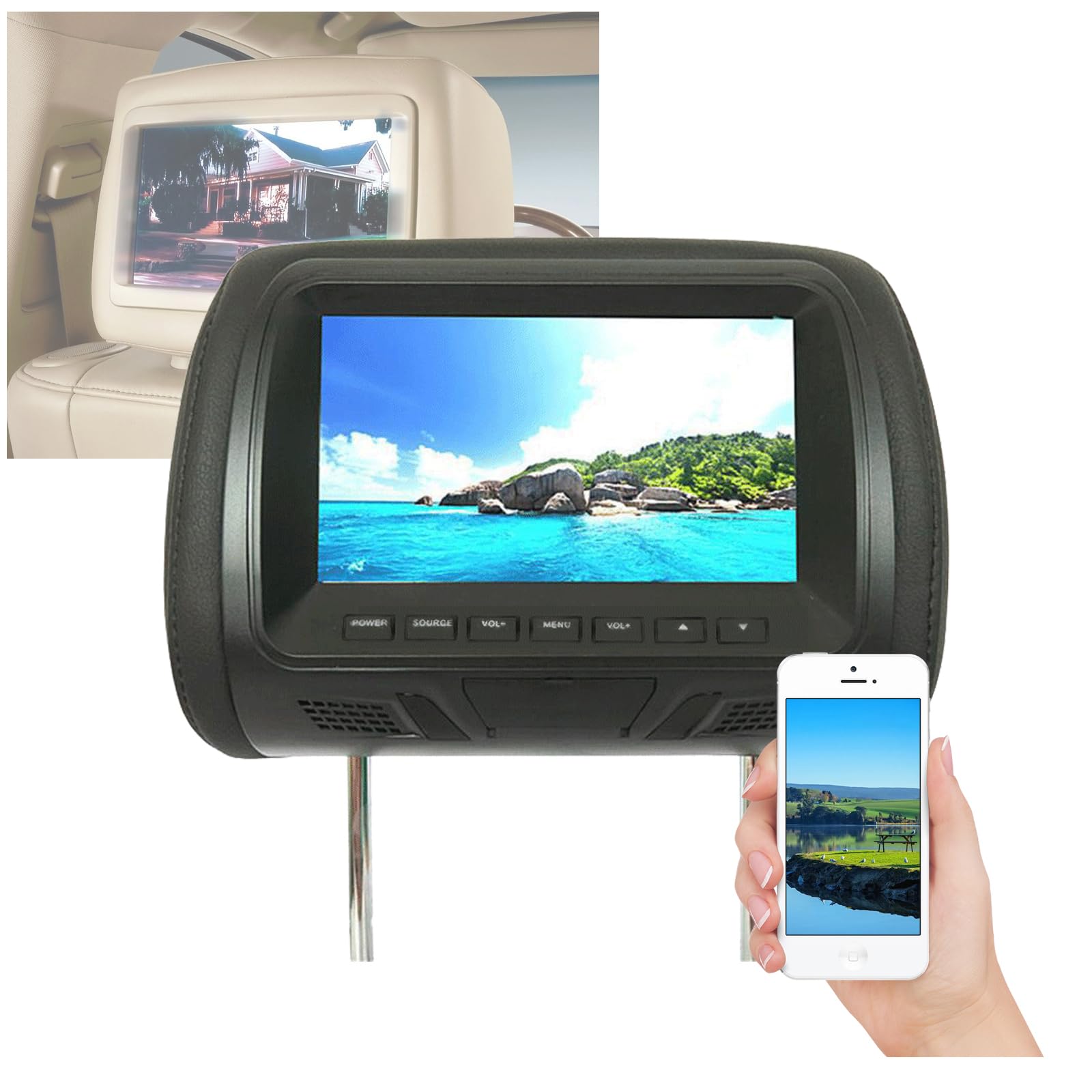 Monitor per Poggiatesta per Auto (7 Pollici), Lettore Dvd di Navigazione Universale per Auto, Display HD 16:9/4:3, Telefono + Connessione Bluetooth, Distanza Regolabile,Black