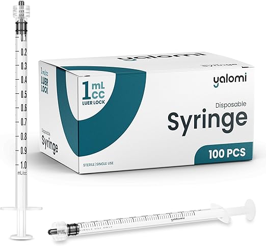 1mL Luer Lock Syringe (No Needle) | Sterile & Individually Wrapped | Professional, Industrial & Personal Use | 100 Pack | Yalomi