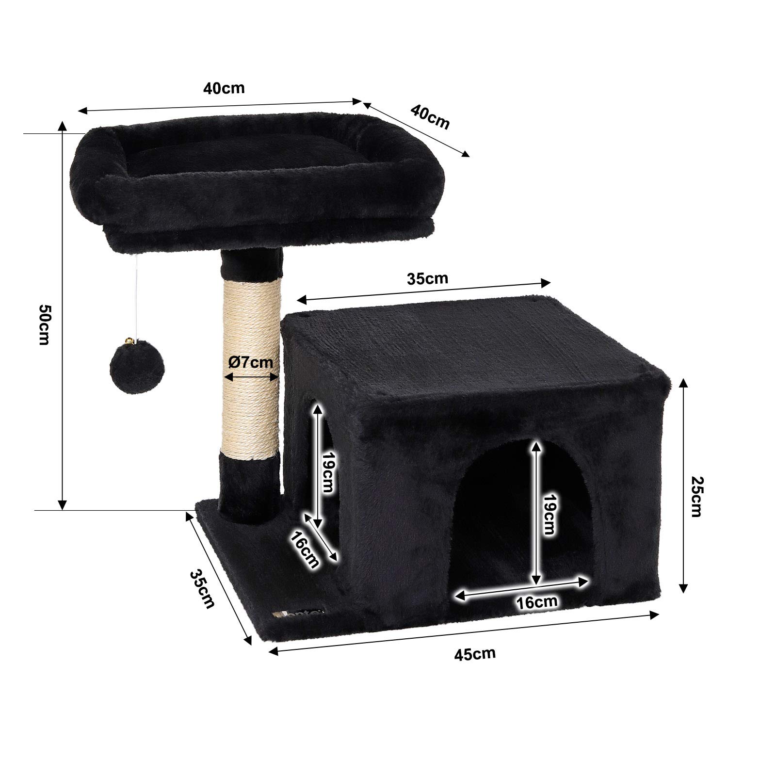 lionto Tiragraffi con Piattaforma, Grotta e Sisal, 50 cm, Nero | Tiragraffi piccolo per gatti con piattaforme, colonne in sisal ed elementi gioco per arrampicarsi, giocare e curare le unghie