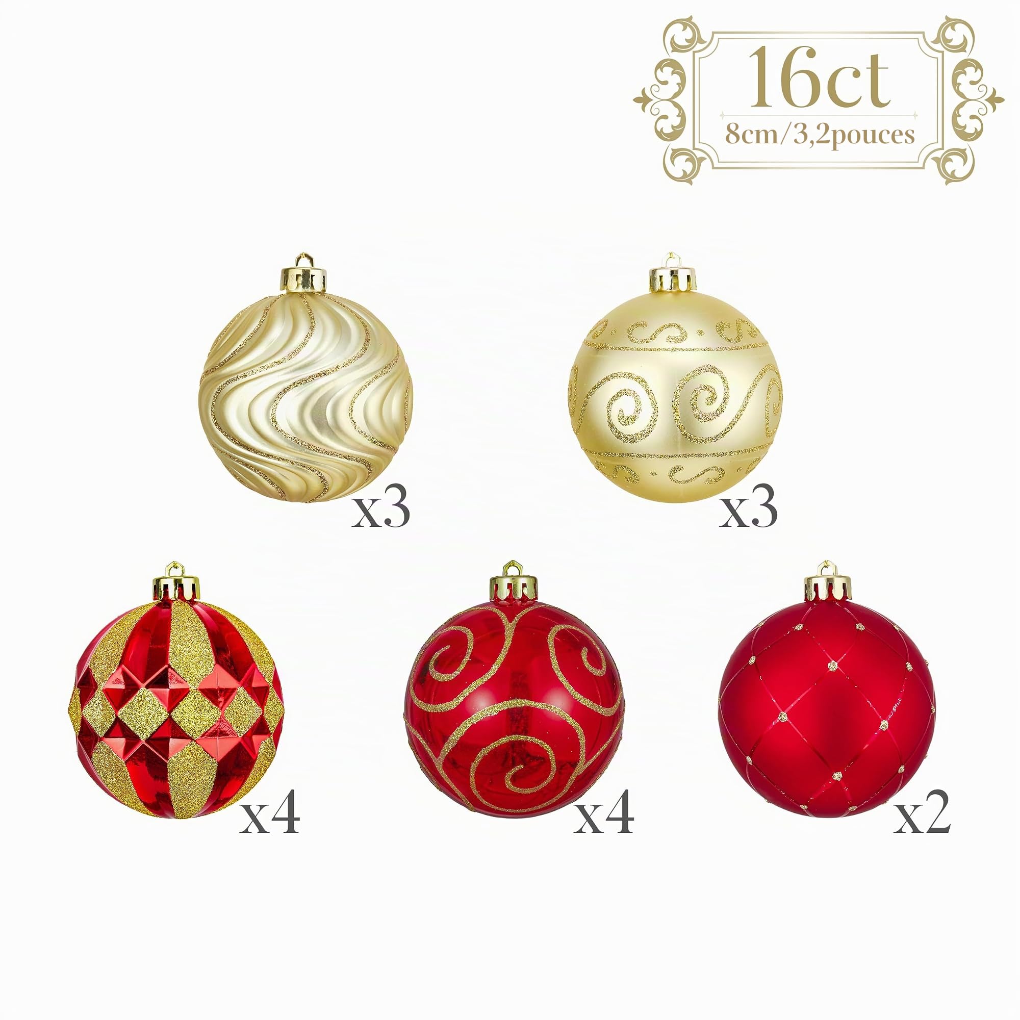 Valery Madelyn 16pcs 8cm Boules de Noël, Thème Rouge Or pour Sapin de Noël, avec Ficelle Fixé, Incassable, Emballage de Papier Kraft comme Cadeaux