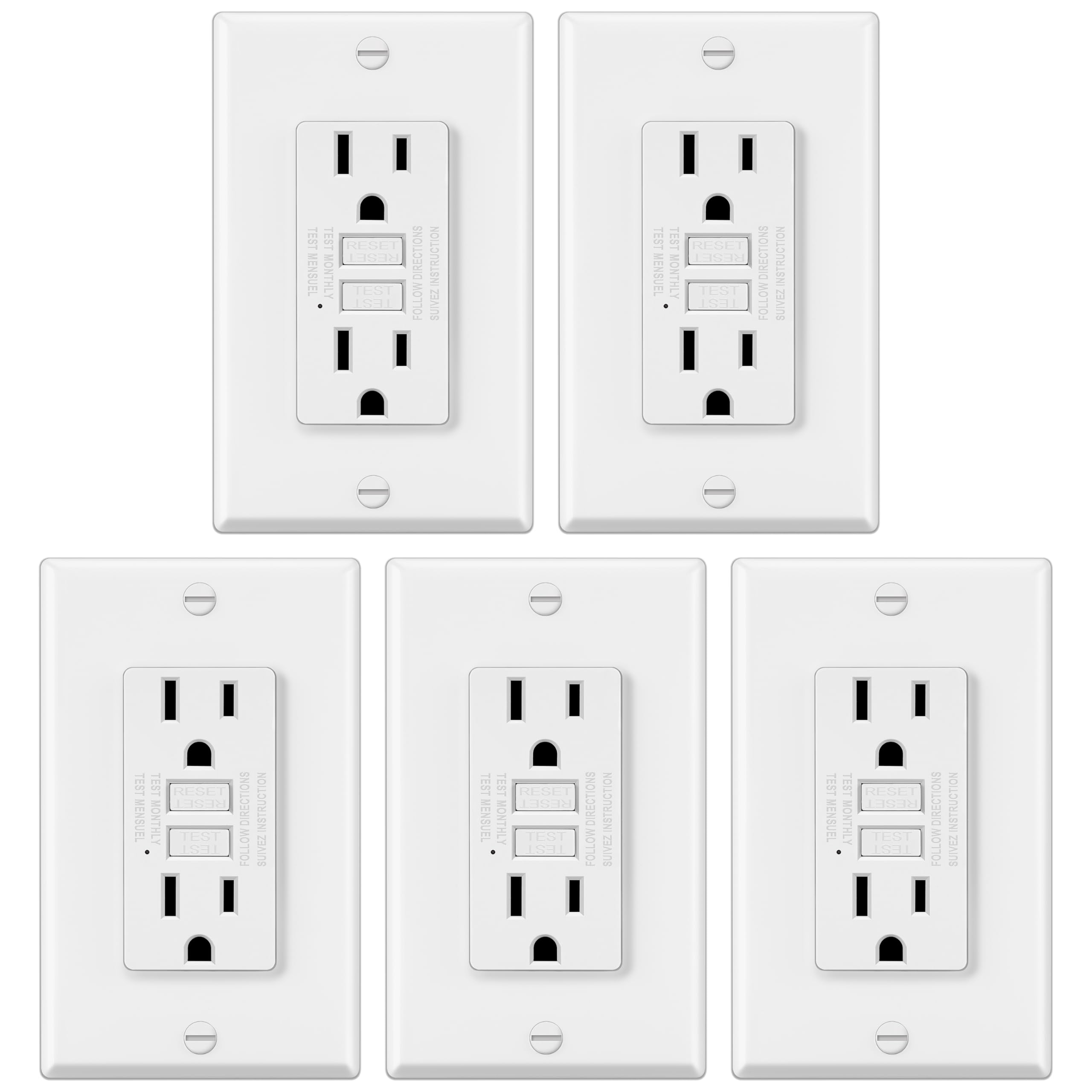 ELECTECK 5 Pack GFCI Outlets 15 Amp, Non-Tamper Resistant, Decor GFI Receptacles with LED Indicator, Ground Fault Circuit Interrupter, Wallplate Included, ETL Listed, White