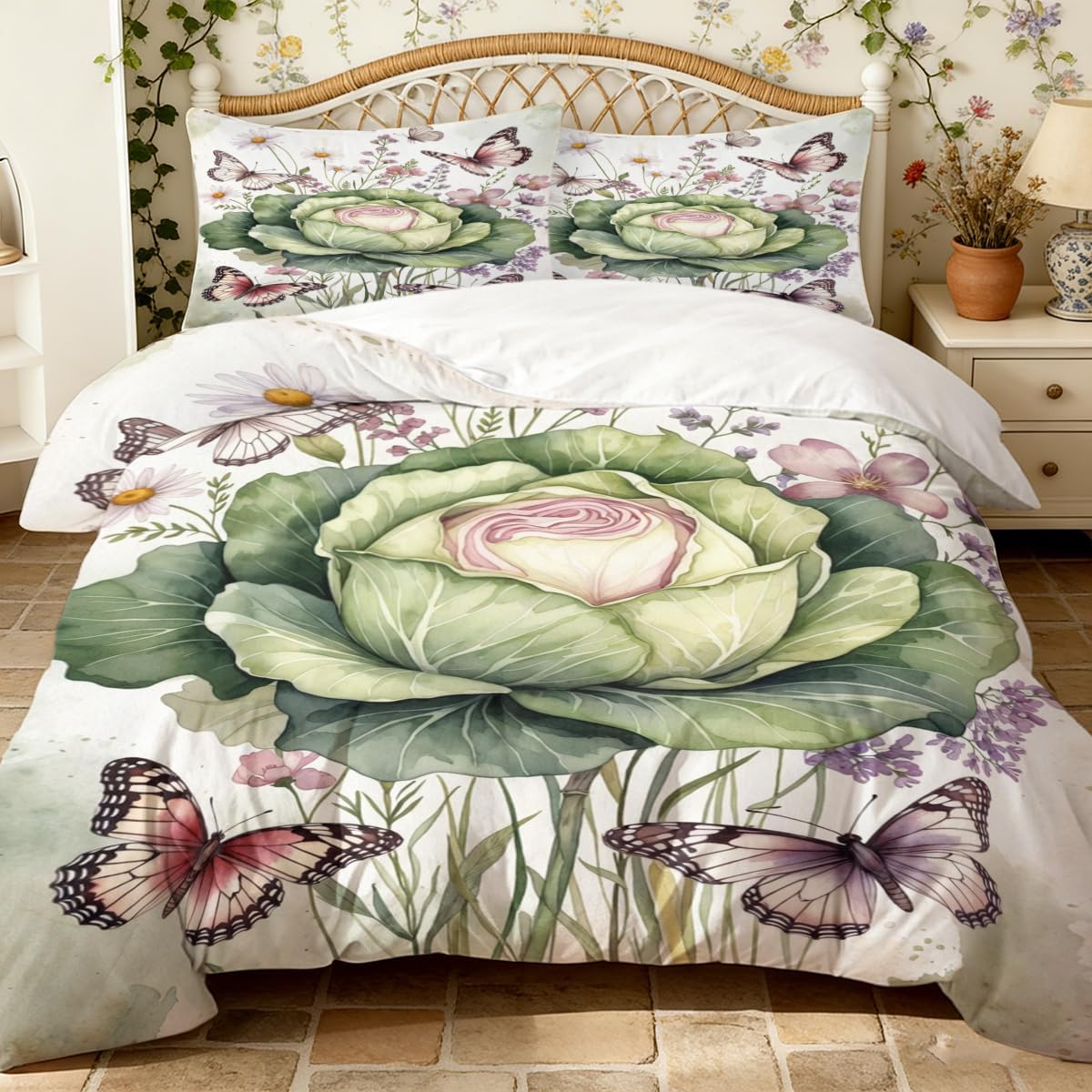 Green Cabbage Twin Bedding Set Microfiber 3 Piece Butterfly Blooming Rose Bed Set Botanical Floral Cottagecore Comforter Cover Set Soft Breathable Nature Garden Bedroom Decor