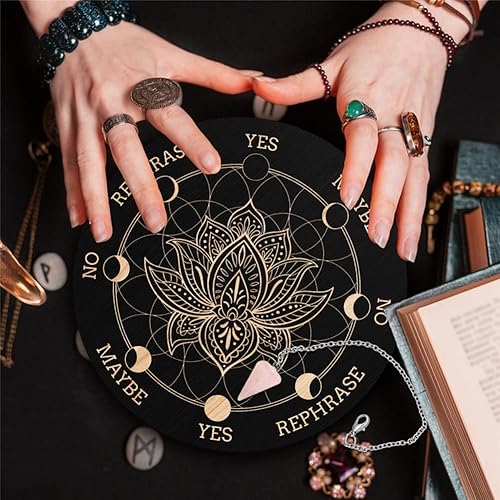 Miniatura 7 de CRASPIRE Tablero de péndulo de flor de loto para radiestesia, tablero de mensajes metafísicos de 7.9 pulgadas, tablero tallado de madera con cristal