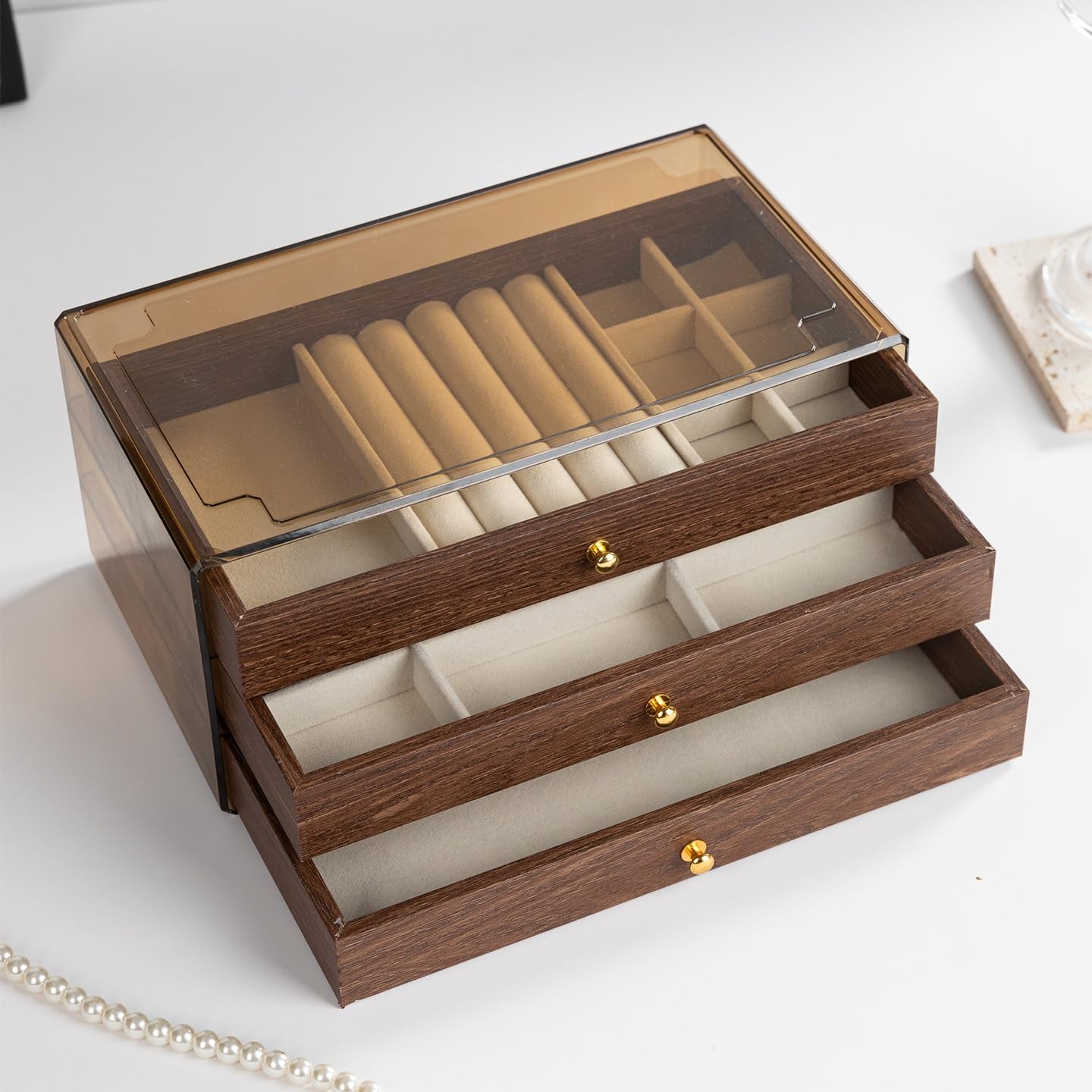 Fragolucyou Jewelry Organizer Box-3-tier,divided compartments, walnut wood grain frame